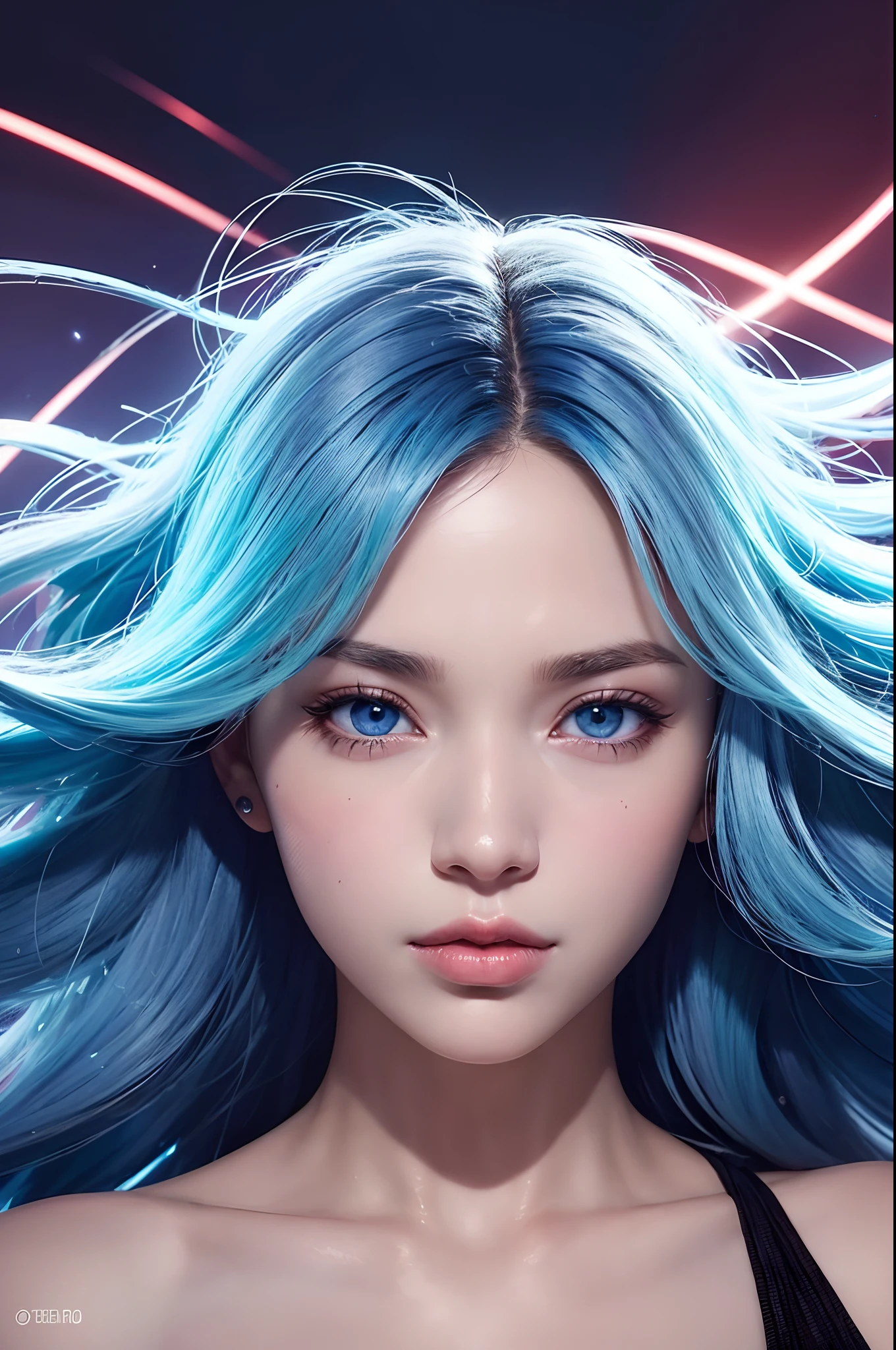 Criar uma fotografia profissional de uma bela mulher de 26 anos, with blue hair and an intense red iris. She is in an artistic and surreal 2D environment, com um fundo abstrato e colorido. O cabelo da mulher flui em ondas suaves enquanto captura a luz de forma brilhante. Seus olhos vermelhos se destacam contra a vivacidade do fundo, transmitindo uma energia misteriosa e poderosa. She's wearing an elegant, modern dress, with unique cuts and details that complement your unique personality. The photograph is captured at an artistic angle, emphasizing the beauty and confident expression of the woman. The lighting is soft and balanced, enhancing your facial features and creating a captivating atmosphere. The image conveys a sense of mystery and strength, combining artistic and realistic elements in an impressive composition.