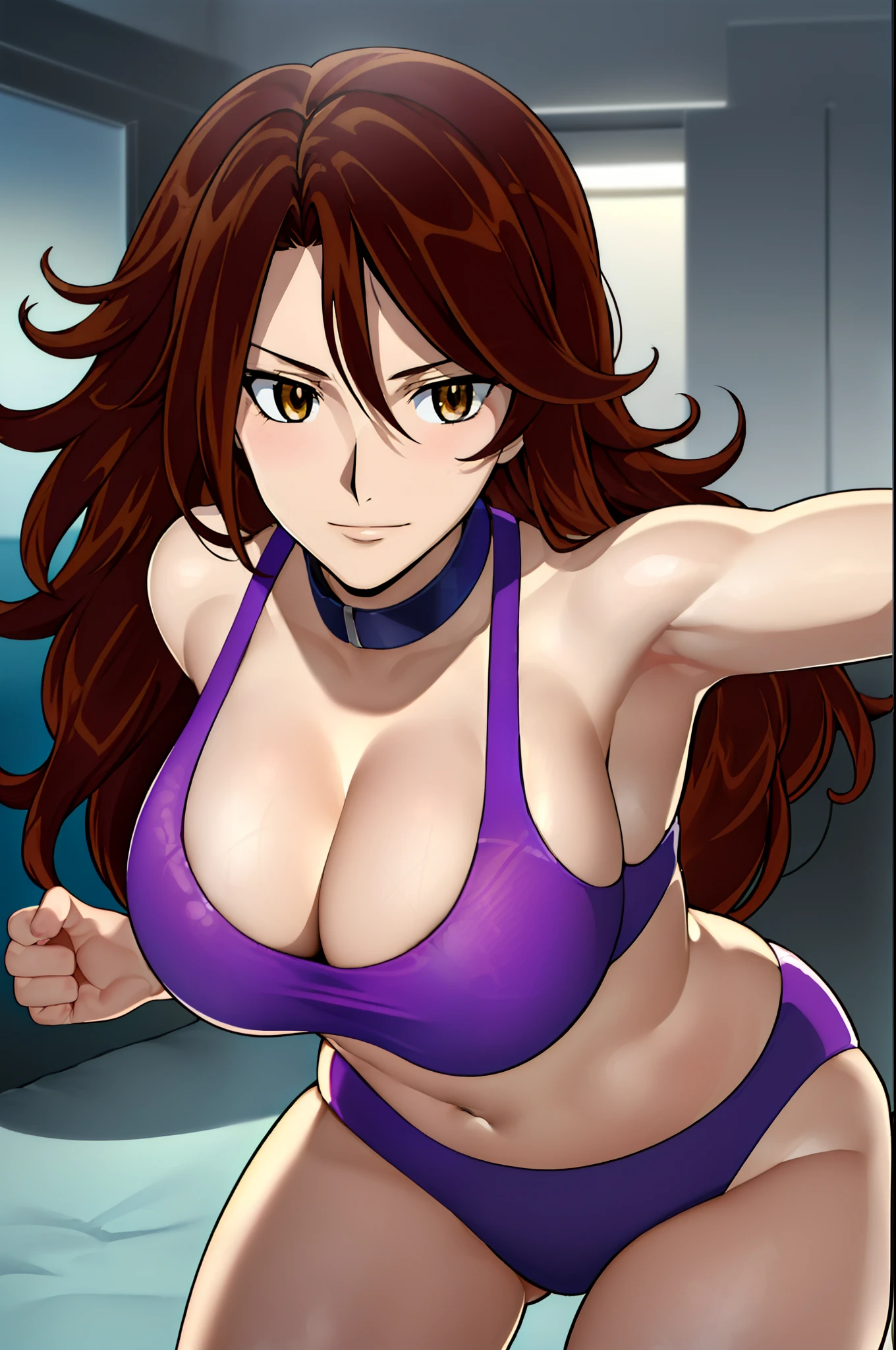 cowboy shot, ultra detailed face, 4k, Sumergai Lee Noriega, best quality, anime style, hires, highest definition, digital blending, bold drawing lines, ((weak body, female wrestler), (slender body), mature woman, (wrestling gear, collar band), victorious, gorgeous, winner, confident face, smile, (closed mouth), (pale skin, shiny skin, lighting and shadow), (cleavage), (clean face), (warming up), closed fists, (long hair), 27 years old,