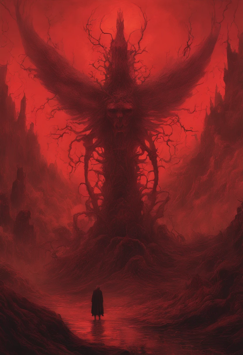 mythological creatures, author:Zdzislaw Beksinski和Van Gogh, album covers, romatic, surrealism, Futuristic ,satan, coral, wizard, abstracted, Dark, Red, hell, landscape