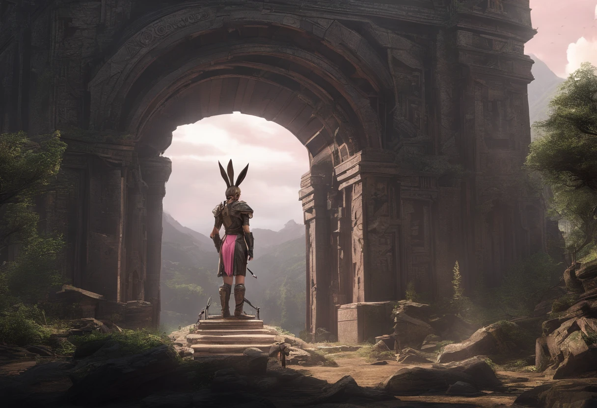 ((Huge warrior statue in the background:1.5)), ((Rabbit-eared girl looking up at the statue:1.5)), ((Girl in pink armor)), (Best Quality,hight resolution),Detailed,Realistic,mystery,adventure,thrilling action,Beautiful Landscapes, ((Surrounded by vast forests)), 科幻小说,mystic atmosphere,Impressive visual effects,charmed,Enchanted World, A twist that bends the heart,Maze walls covered with lush greenery,Vibrant colors,ominous shadows,Impressive scale and depth,Complex puzzles,Exhilarating chase scenes,Running for survival,Thrilling suspense,Dangerous roads and dead ends,Mysterious creatures lurking in the maze,Heroic determination,Change your perspective,Nerve-breaking tension,Game-changing secrets hidden in mazes,Dangerous traps and obstacles,Unforgettable ??????,Cinematic Masterpiece.
