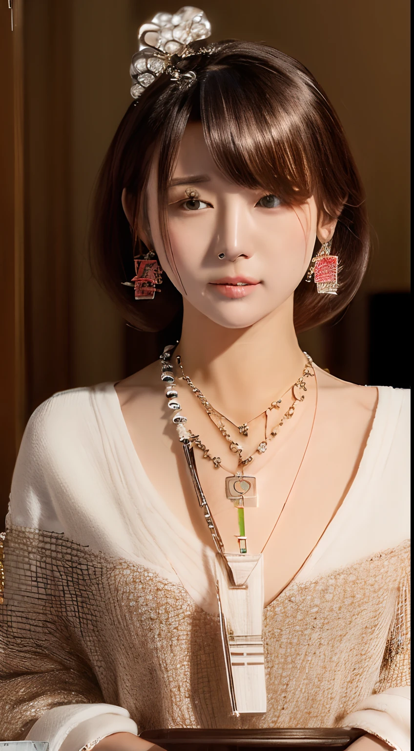 masutepiece, Top resolution, 8K, Raw photography, A hyper-realistic, Photorealsitic, photos realistic, Professional filming, profetional lighting, Lifelike face, Ultra-detailed face drawing, big eye, 二重まぶた, thin lipss, small mouth, short cut hair, 1 Japan Woman, 20 year old pretty woman, College girl with the cutest face, Full body fishnet stockings:1.9, Hotel Suites, fully body photo:1.9, Upright Pose, Sexy Gravure Pose, shot from a lower angle, High-cut panties, Cleavage emphasized:1.8, Nasty body, (((Gorgeous hair ornaments, 耳Nipple Ring, a necklace, Hostess:1.9)))