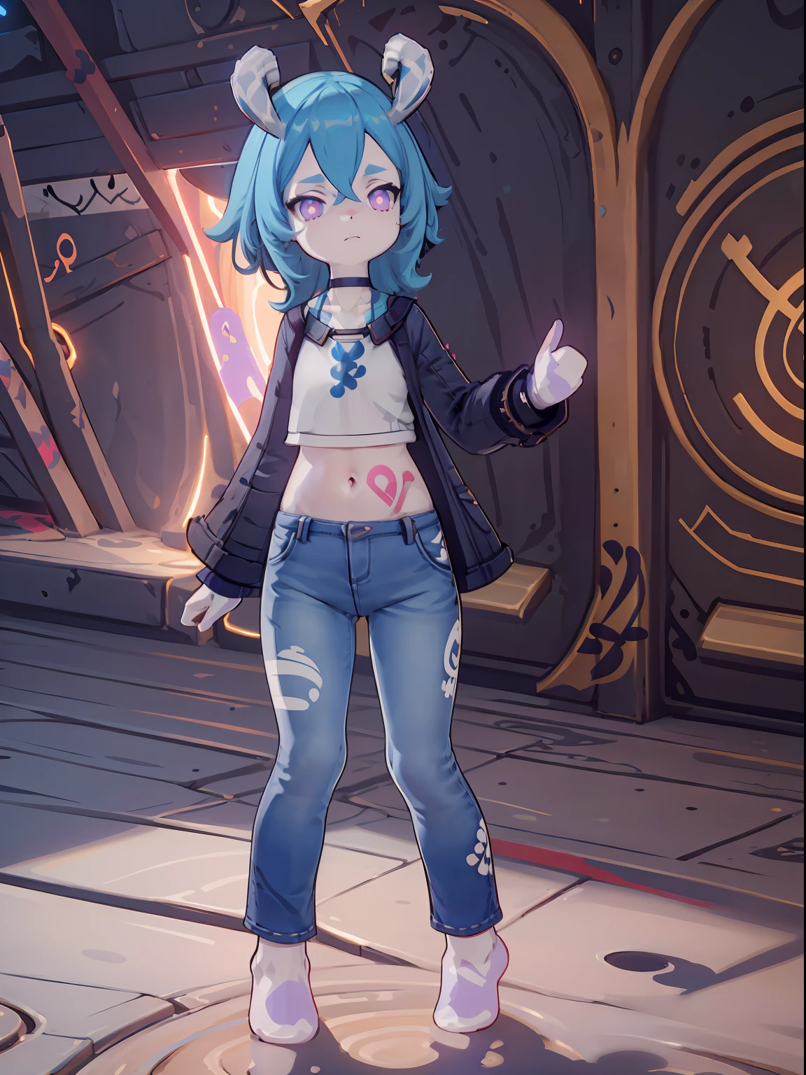 Melousine | genshin impact, master-piece, bestquality, 1girls,25 years old, proportional body, elongated legs, proportional., crop top, Long Jeans, mediuml breasts, ,bara, crop top, choker, (Graffiti:1.5), Splash with purple lightning pattern., arm behind back, against wall, View viewers from the front., Thigh strap, Head tilt, bored, 10, 10, HD,