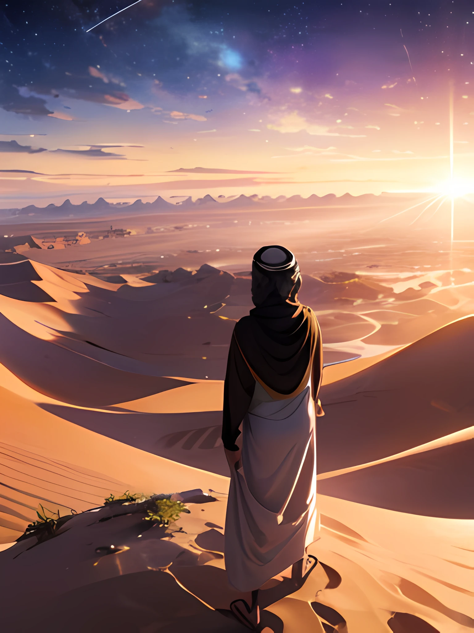 desert, shooting star, landscape, arabic man, thobe, head cover, facing the horizon, facing the background