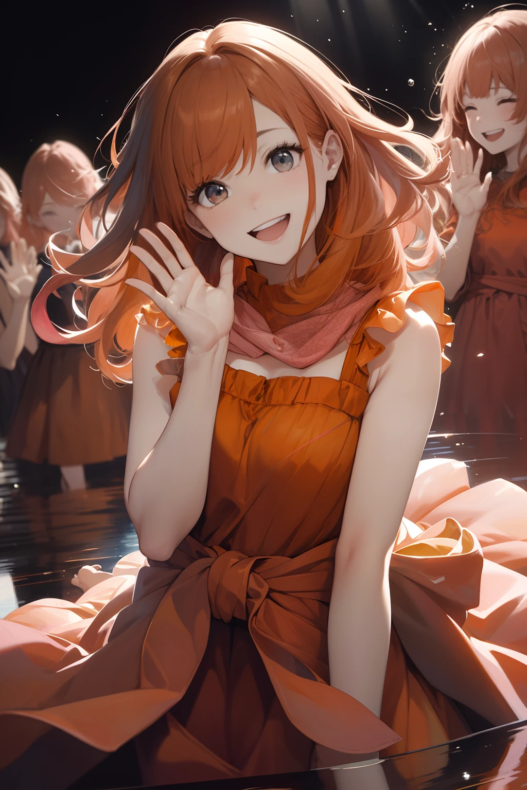 Black background、bustshot、an oil painting、masterpiece、top-quality、hight resolution、((Orange hair))、Long hair、((Pink dress))、A smile、Open mouth and laugh out loud、front facing、Reflection from the waist to the head、Waving hands、