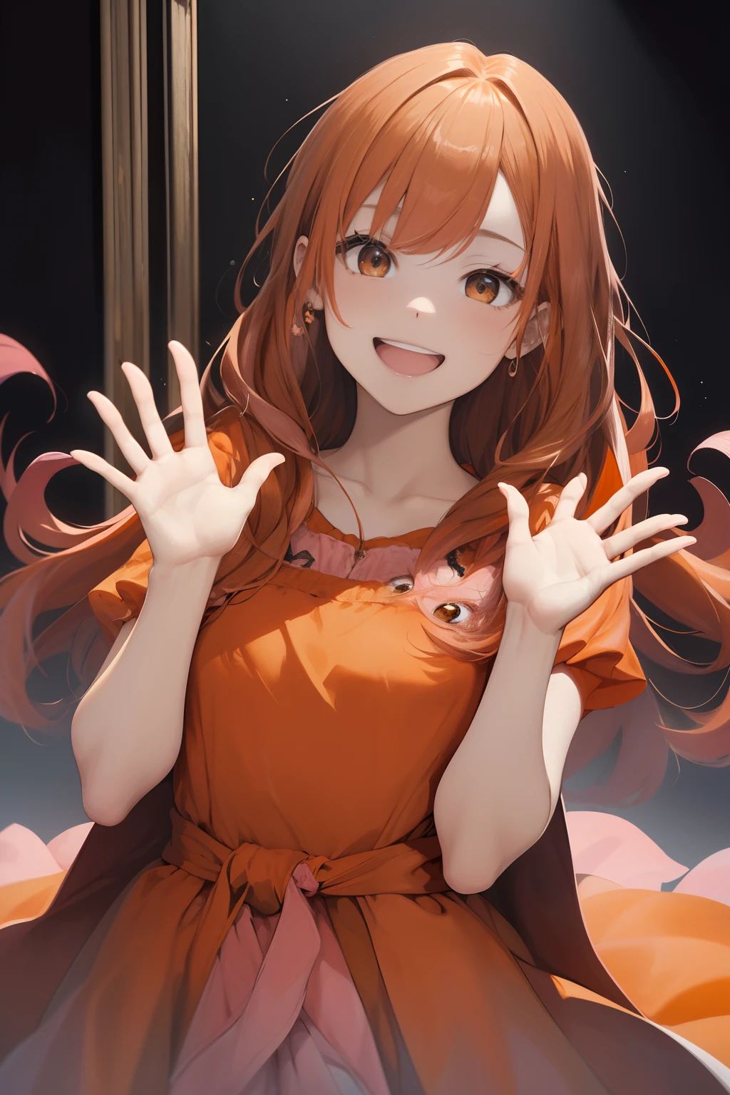 Black background、bustshot、an oil painting、masterpiece、top-quality、hight resolution、((Orange hair))、Long hair、((Pink dress))、A smile、Open mouth and laugh out loud、front facing、Reflection from the waist to the head、Waving hands、