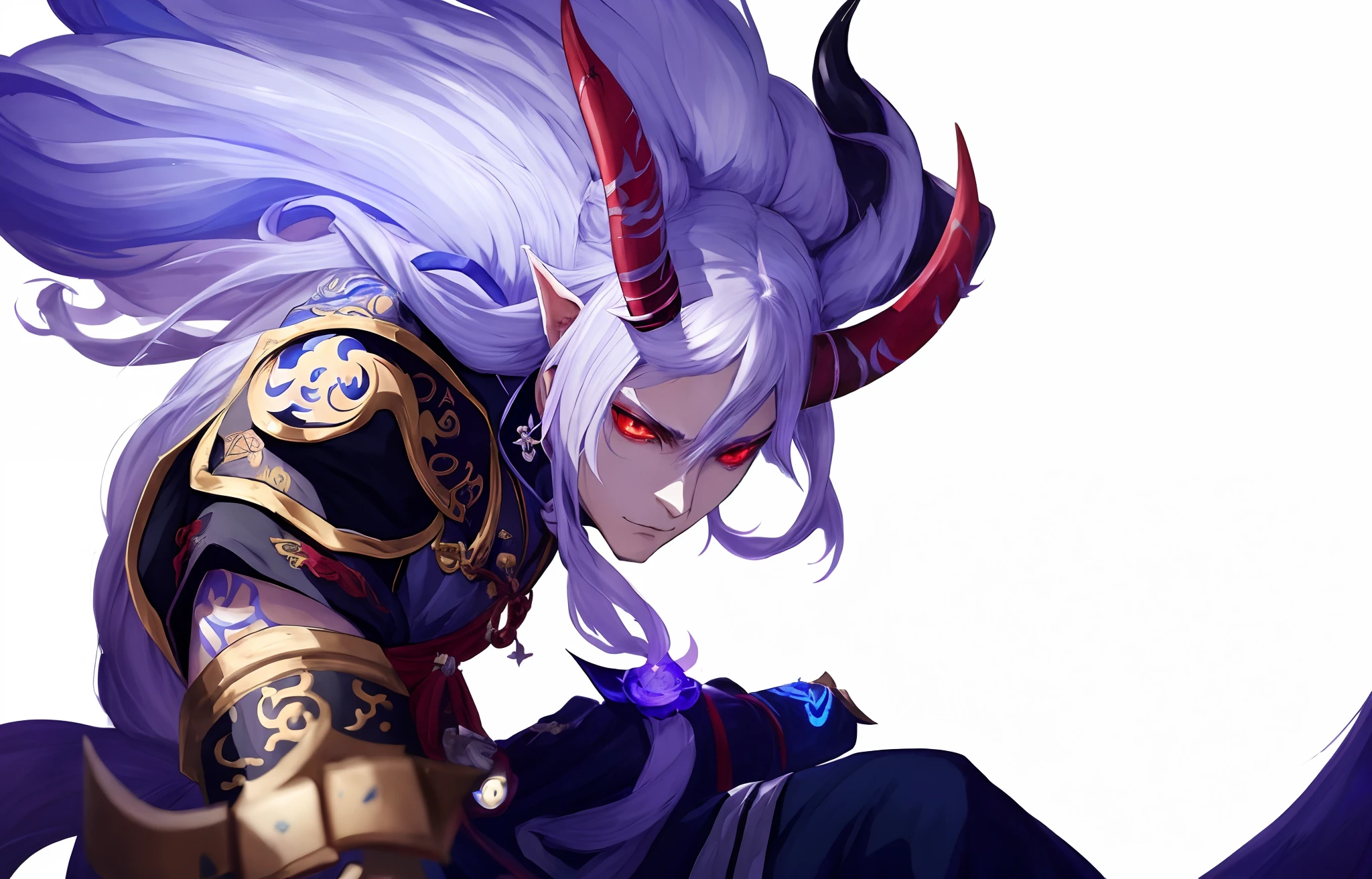 a close up of a person with a very long hair, fit male demon with white horns, onmyoji detailed art, 2. 5 d cgi anime fantasy artwork, onmyoji portrait, league of legends character, by Yang J, league of legend illustration, onmyoji, heise jinyao, league of legends character art, iconic character splash art, sylas