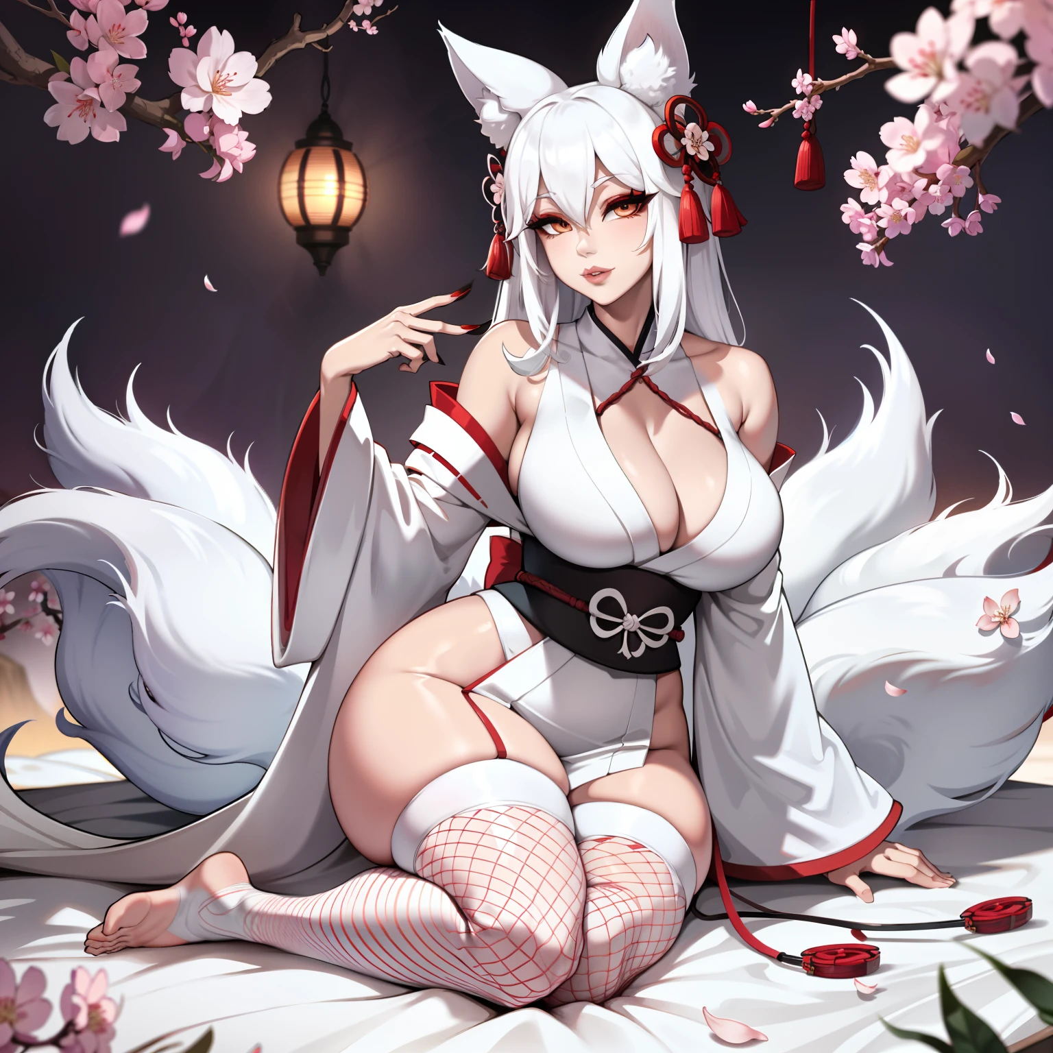 Curvy white haired 9 tailed kitsune wearing fur lined robe and cherry blossom kimono, wearing thigh high fishnets (ALONE)(SOLO), alone, solo