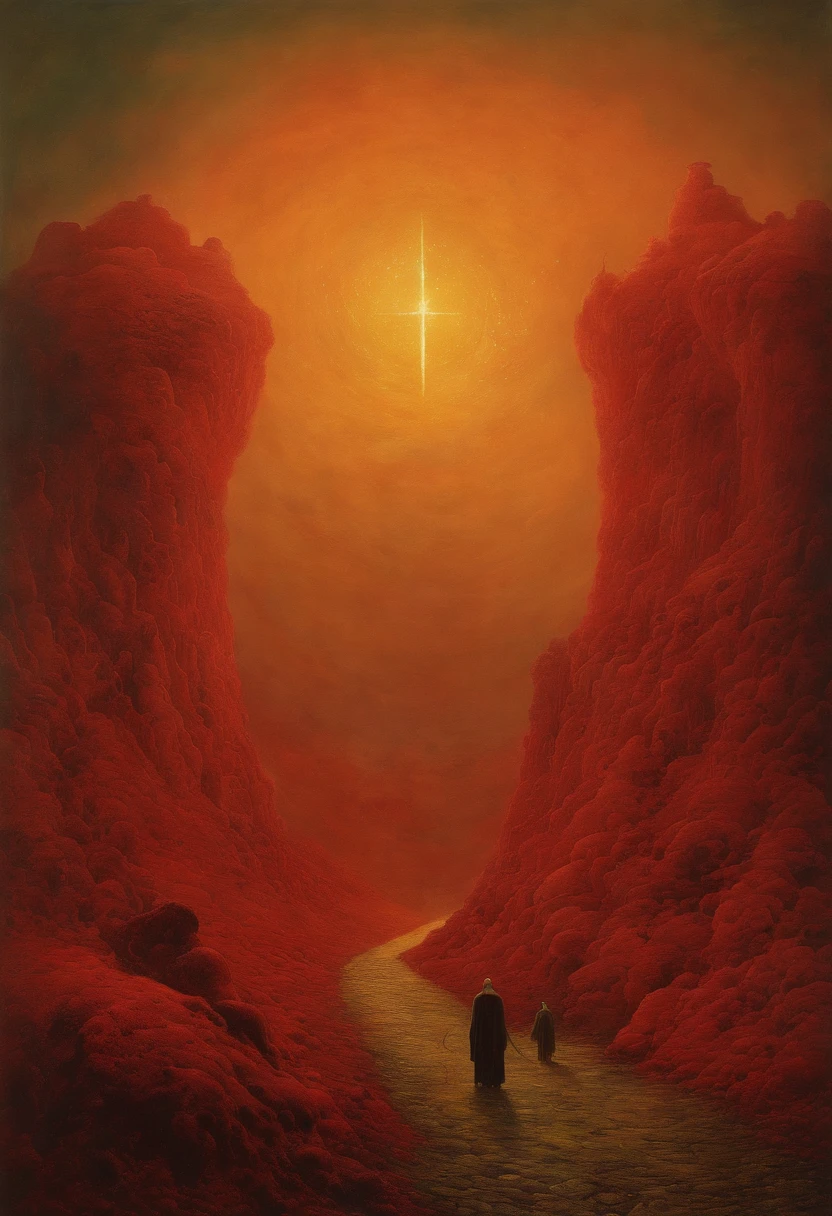 mythology creatures, by zdzislaw beksinski and van gogh, album cover art, rome, surrealism, futuristic ,satan, coral, wizard, abstract, dark, red, hell, landscape