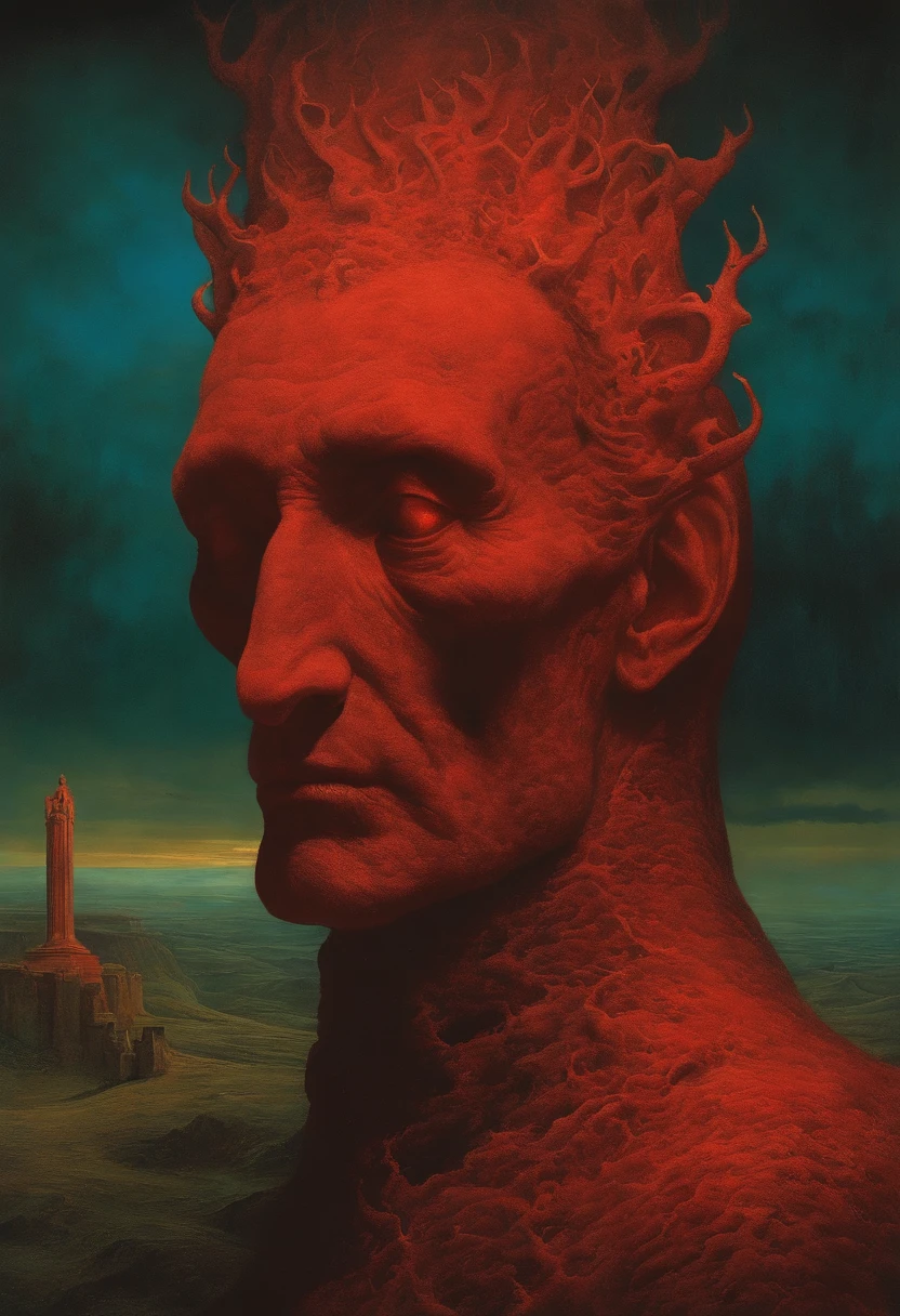 mythology creatures, by zdzislaw beksinski and van gogh, album cover art, rome, surrealism, futuristic ,satan, coral, wizard, abstract, dark, red, hell, landscape