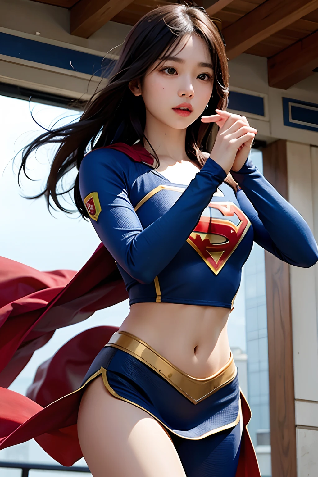 1 girl, solo, long hair, crop top, supergirl, superhero landing, asian woman, pretty face