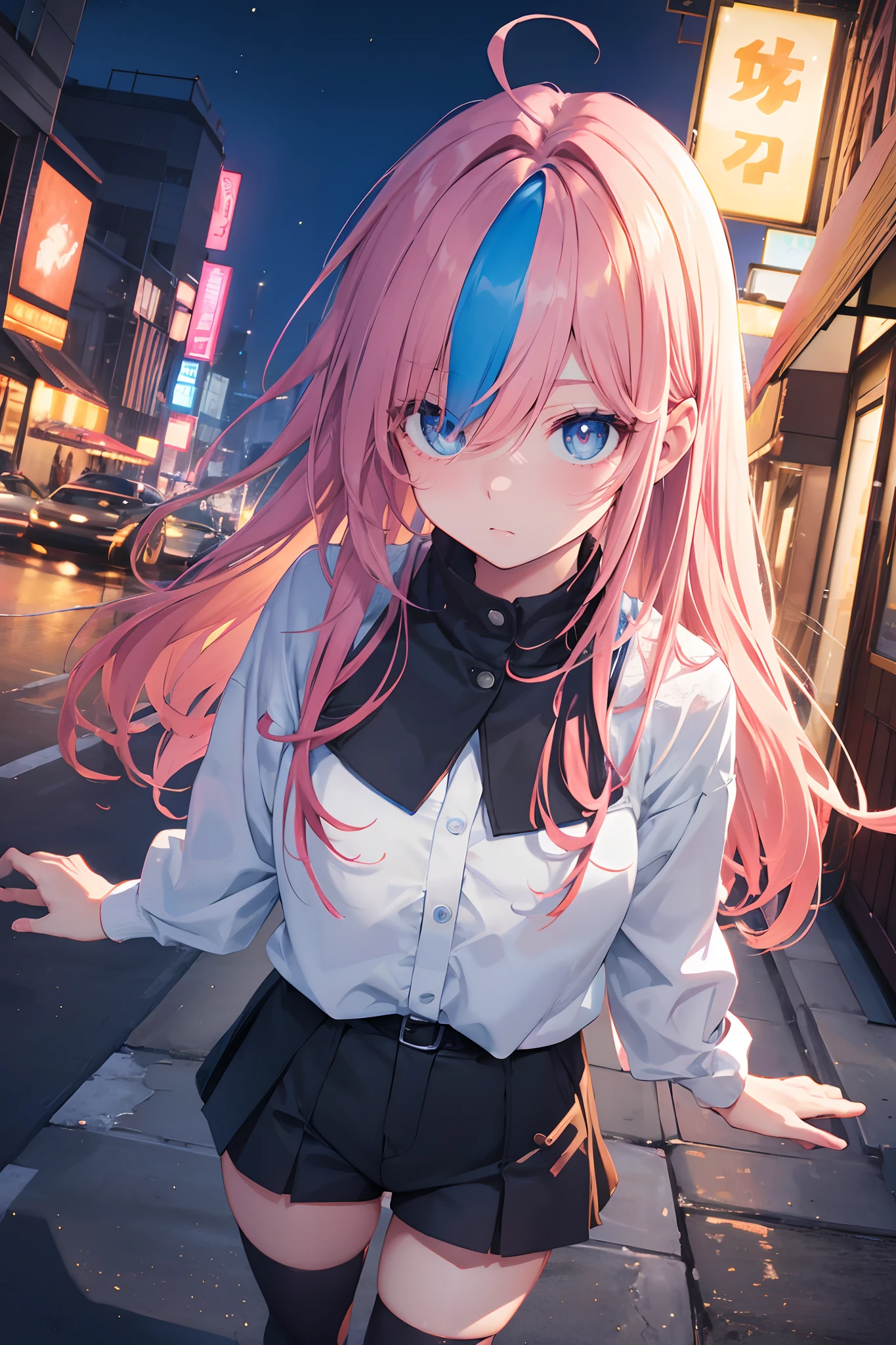 nodokaharamura, nodoka haramura, blue eyes, hair bow, long hair, pink hair, bow, BREAK blue skirt, kiyosumi , pleated skirt,serafuku, skirt, BREAK looking at viewer, BREAK indoors, city,night,neon lights,rain,wet road,reflections BREAK (masterpiece:1.2), best quality, high resolution, unity 8k wallpaper, (illustration:0.8), (beautiful detailed eyes:1.6), extremely detailed face, perfect lighting, extremely detailed CG, (perfect hands, perfect ???????),black pantyhose,pantyhose,standing in street,skinny fit,upper body shot, wet uniform,no bra,nipples,tits see through,from above.