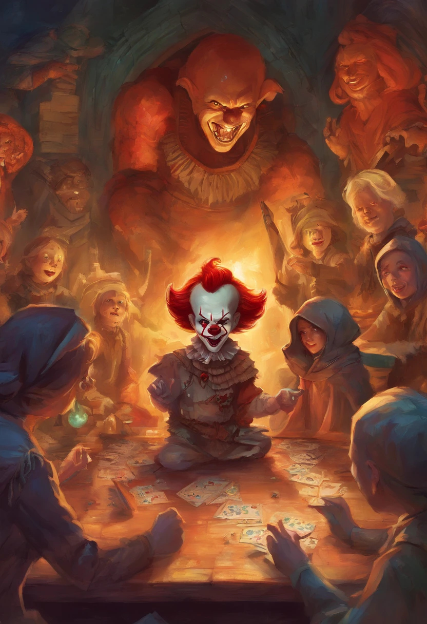 Adult robot man as pennywise, efeito vhs, (poster: 1.6), poster on the wall, terror, horror movie poster, horror, assustador, detalhes escuros, hiperdetalhado, blood tracing, Subsurface dispersion, heavy lighting for the dark, raso profundidade de campo, jorrando sangue, noite, trevas, darkeness, assassino, risada, dentes longos, big hand, jogando dado, rpg, rpg de mesa, jogando dados na mesa, mesa com dados, livro, dados sendo jogados, D20, dado de 20 lados, Children in the background, medo, children with fear, narrando jogo, narrando rpg, jogando dados de rpg, mestrando rpg, rpg de mesa, children with fear, children listening in fear, pennywise rindo, dados de 6 lados, children with data