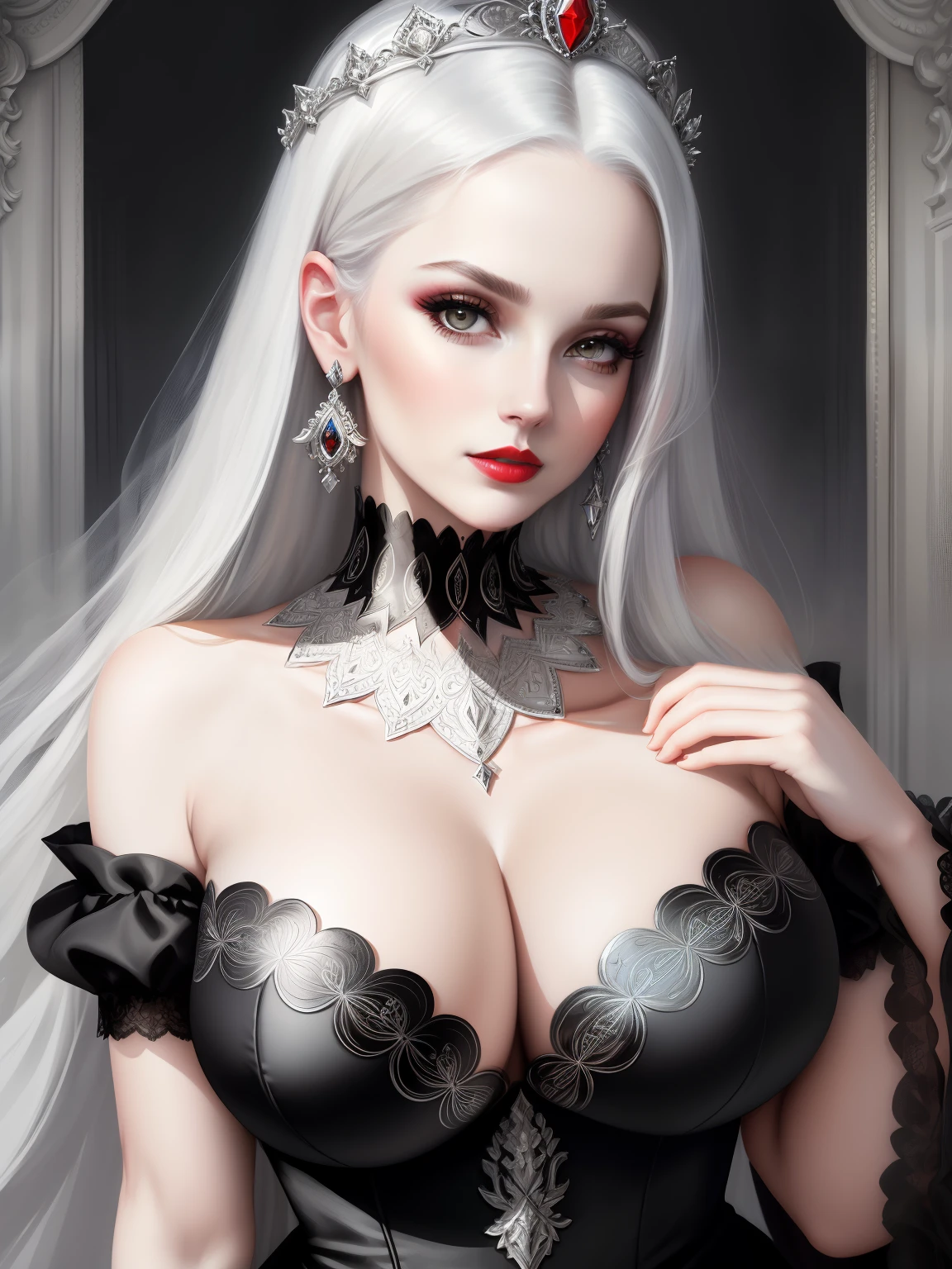 ((old painting portrait face and breast close up)) ((round ornamented frame)) woman beautiful face, big silver eyes, bright red lipstick, dark eyeshadows make up, (prideful look) long straight platinum hair, (pale skin), black tiara, black neck ornament, (huge breast), slim figure, (strapless dress) big cleavage, (silver dress), hand playing with hair, (masterpiece, intrincated details, reflex, photo realistic, amazing lights and shadows) (8k) perfect eye, perfect face, inside dark room background