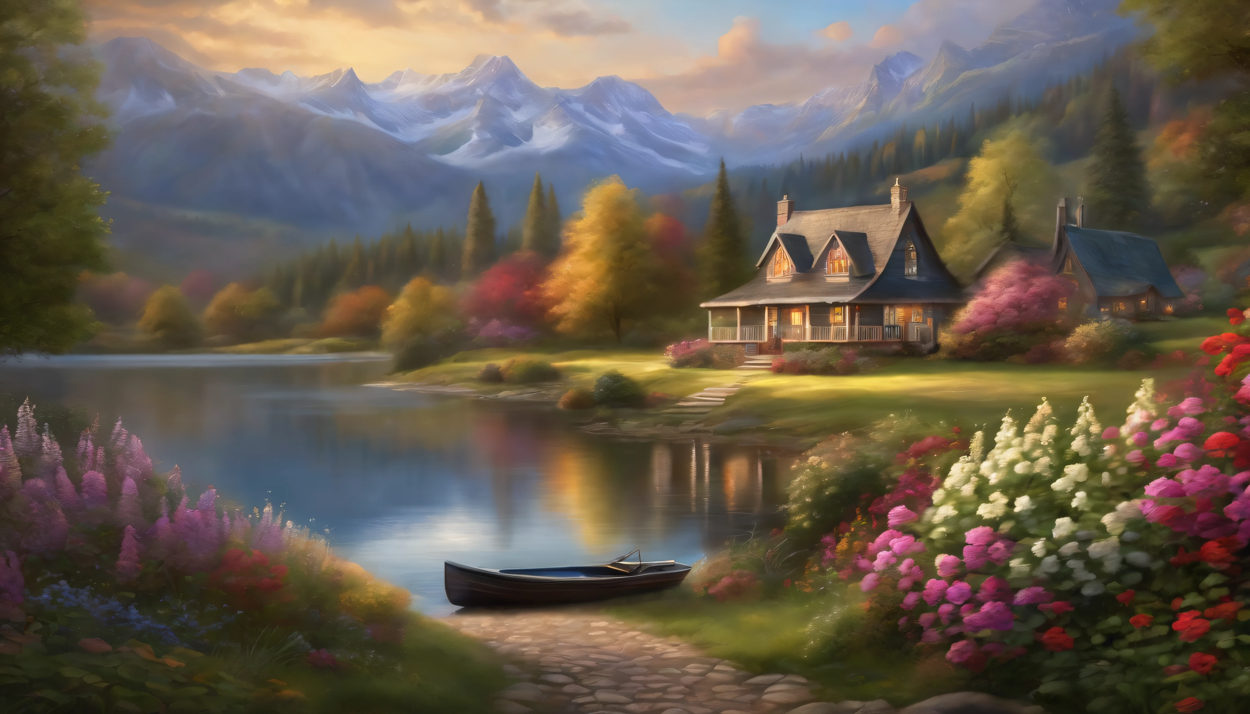 painting of a cottage, flowers beside of fence, fence along the road,  mountain landscape with a lake and a boat, illustration matte painting,  inspired by Thomas Kinkade, symmetric matte painting, detailed scenery , style raw, 8 k ultra detailed
