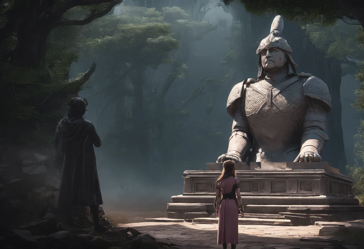 ((Stone statue of a huge legendary man warrior in the background:1.5)), ((Girl looking up at the statue:1.5)), ((Girl in pink armor with rabbit ears)), (Best Quality,hight resolution),Detailed,Realistic,mystery,adventure,thrilling action,Beautiful Landscapes, ((Surrounded by vast forests)), 科幻小说,mystic atmosphere,Impressive visual effects,charmed,Enchanted World, A twist that bends the heart,Maze walls covered with lush greenery,Vibrant colors,ominous shadows,Impressive scale and depth,Complex puzzles,Exhilarating chase scenes,Running for survival,Thrilling suspense,Dangerous roads and dead ends,Mysterious creatures lurking in the maze,Heroic determination,Change your perspective,Nerve-breaking tension,Game-changing secrets hidden in mazes,Dangerous traps and obstacles,Unforgettable climax,Cinematic Masterpiece.