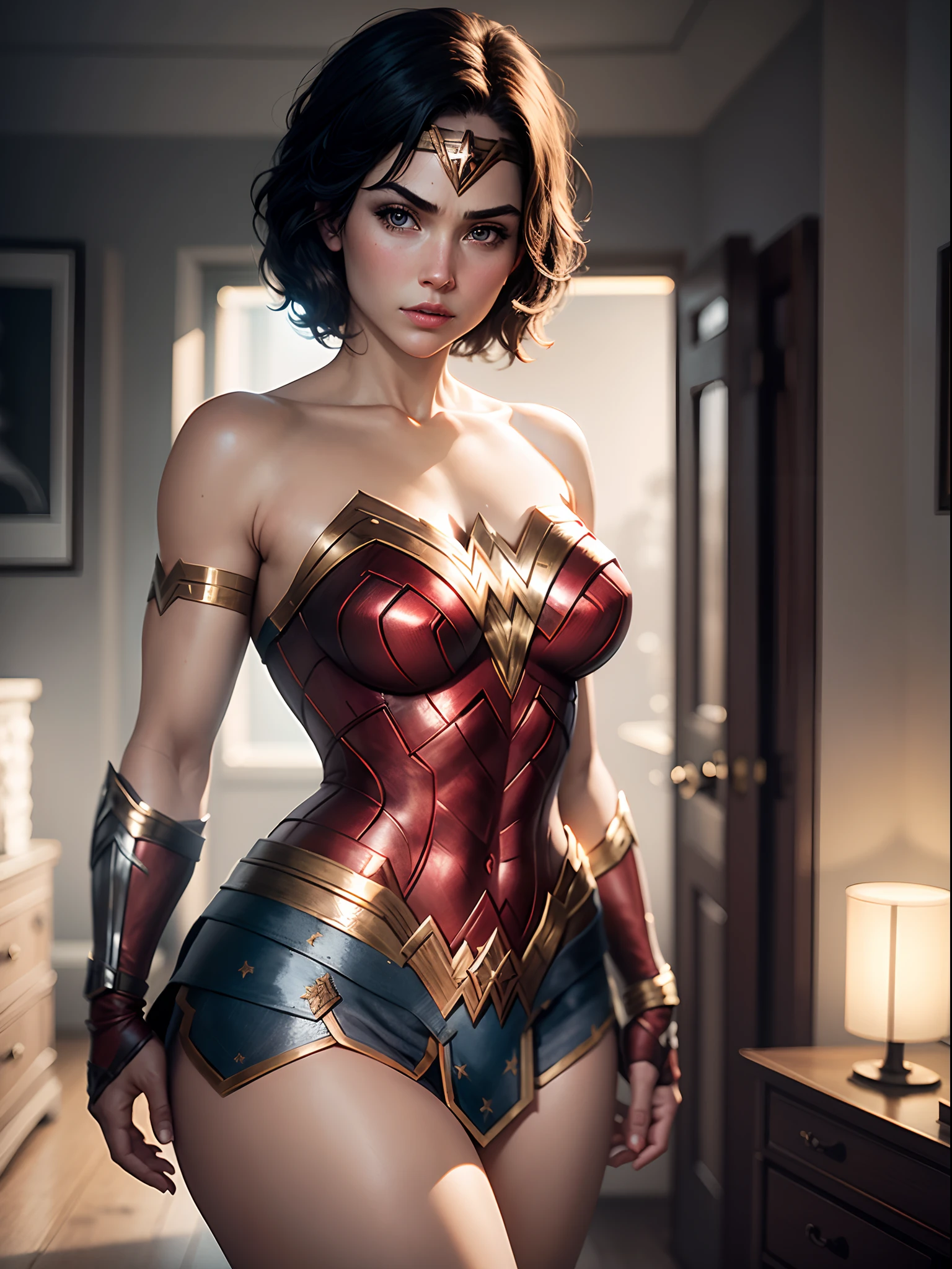 Wonder woman, short hair, photorealistic, 8k resolution, intricate detail masterpiece, half body shot, slightly chubby, white background, model posing