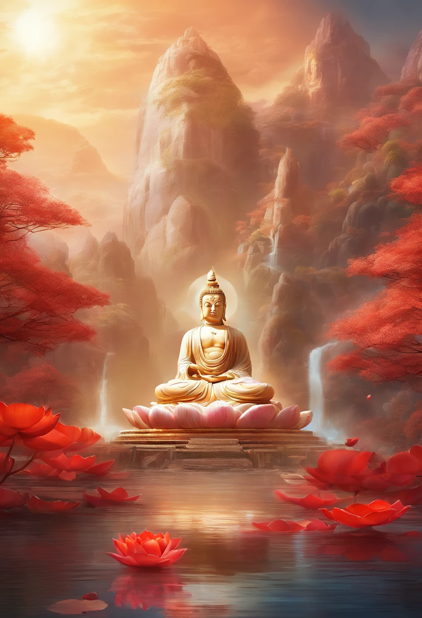 The huge white jade statue of Maitreya Buddha stands on a red lotus base,Under the lotus base is the clear surface of the lake,Refreshing lake bottom,The light of the Buddha shines,Excellent picture quality,Cinematic texture,Excellent details,Tall, Majestic, The background is illuminated by sunlight,Excellent hand details,inverted image。