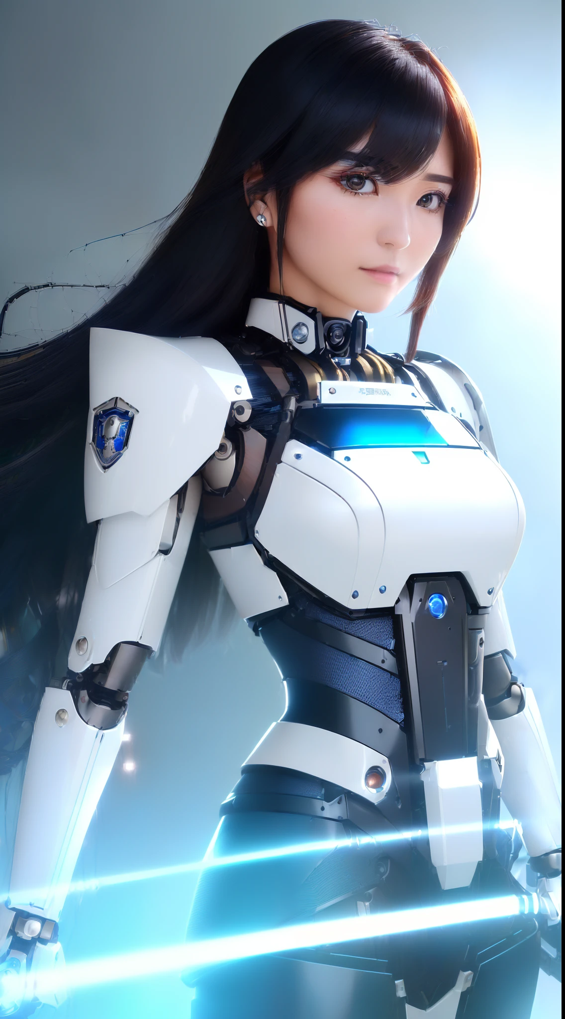 ((masutepiece)), ((top-quality), high quarity、ultra-definition, Realistic, (Ultra-fine face)、fulcolor 、scientific fiction、One beautiful robot police woman、droid、(Mechanical joints)、Machine body、(Parts of the machine)、Thick wire joints、White porcelain mechanical armor、(Curvaceous face)、deadpan、straight haired、((Electronic substrate))、cables