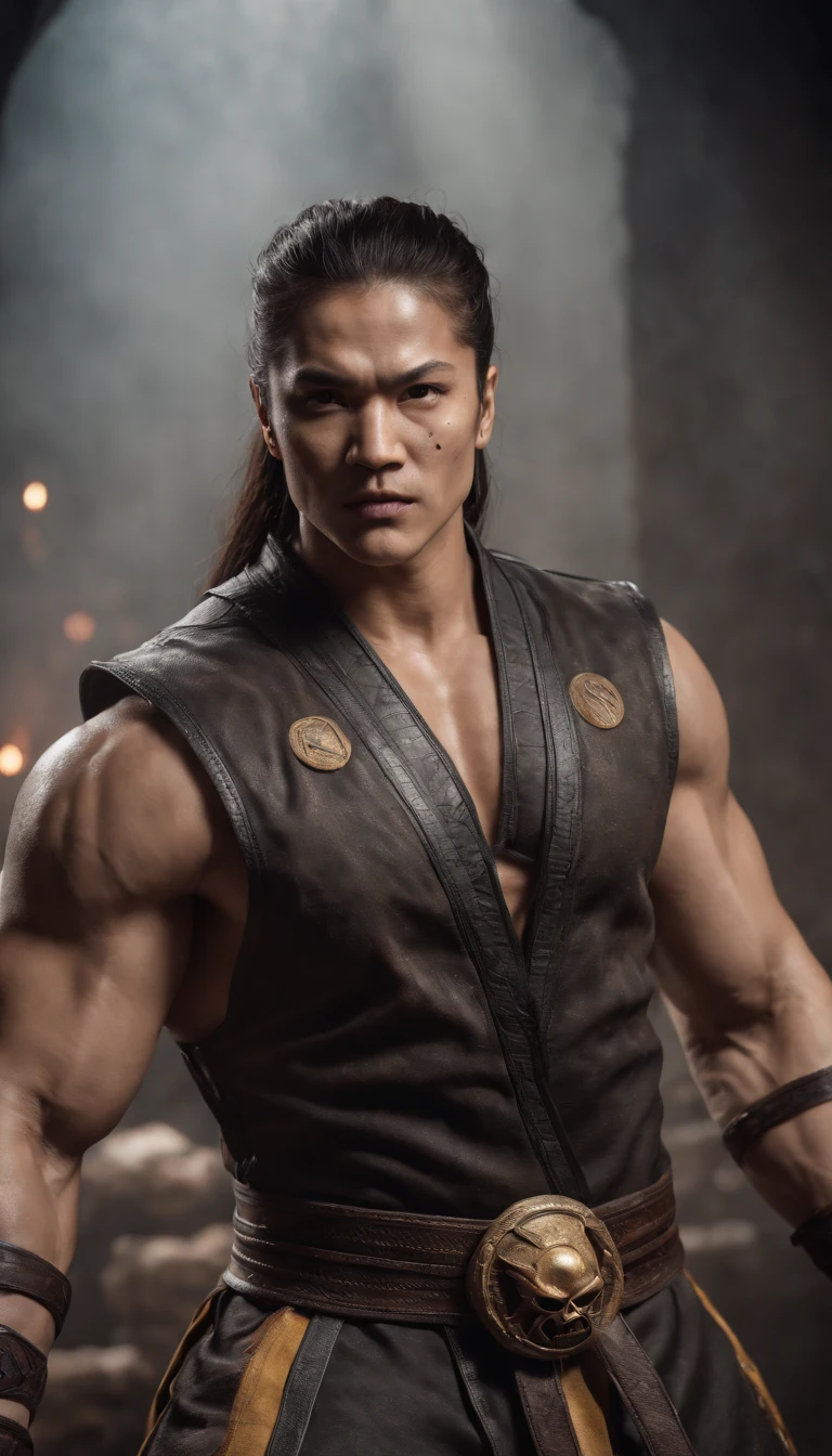 Japanese male samurai, 30 years old, large body, big muscles, slightly hairy, black hair, six pack, body full of wounds, sweaty, tanned skin, dirt, wearing old red and black traditional Japanese armor. , holding a katana, in the middle of the battlefield, Shikoku, fighting stance , full length shot , swollen nipples , thong