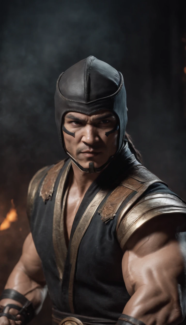 Conceito de personagem Mortal Kombat Super Forte, musculoso, Abs, Lente 35mm, fotografia, Ultra Detalhes, HDR, UHD, 8k