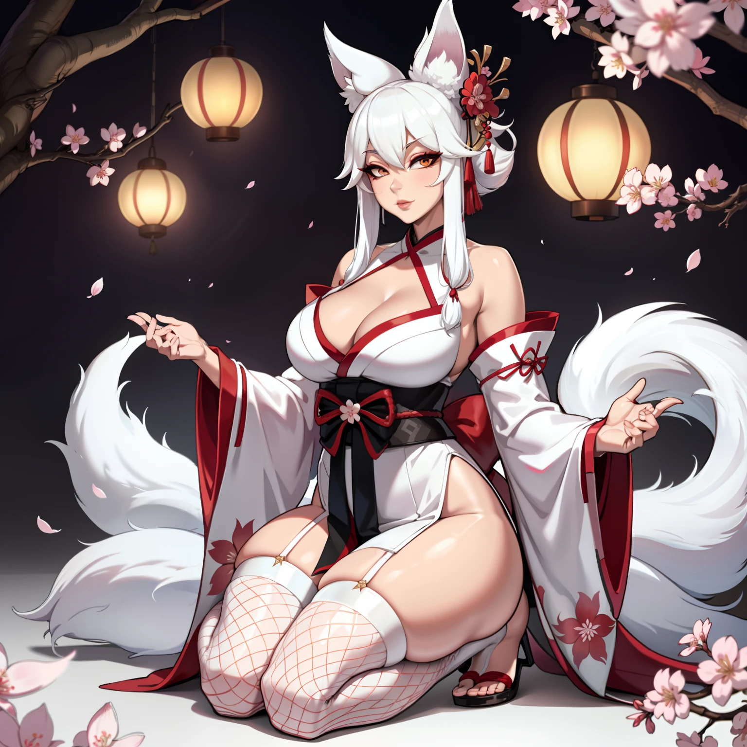 Curvy white haired 9 tailed kitsune wearing fur lined robe and cherry blossom kimono, wearing thigh high fishnets (ALONE)(SOLO), alone, solo