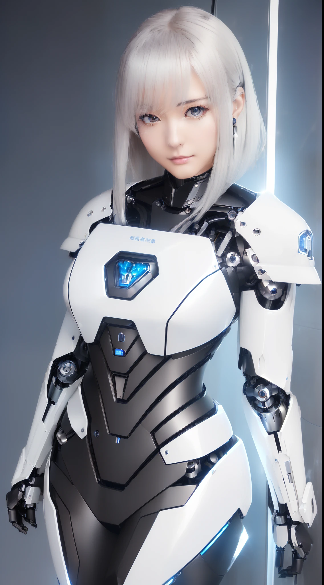 Super Detail, High Detail, high quality, best quality, High resolution，1 female robot，Beautiful female robot,beautiful clear face(Rain waves_haneame：1.5)， Mechanical body(Smooth metal surface，silver armor，Mechanical seams of skin，beautiful body curves)，Mechanical body structure,High-tech all over the body(Deva Battle Suit : 1.5)，Streamlined mechanical armor (Relatively thick，Highlight breast curves),Technology Antenna Hair Accessories