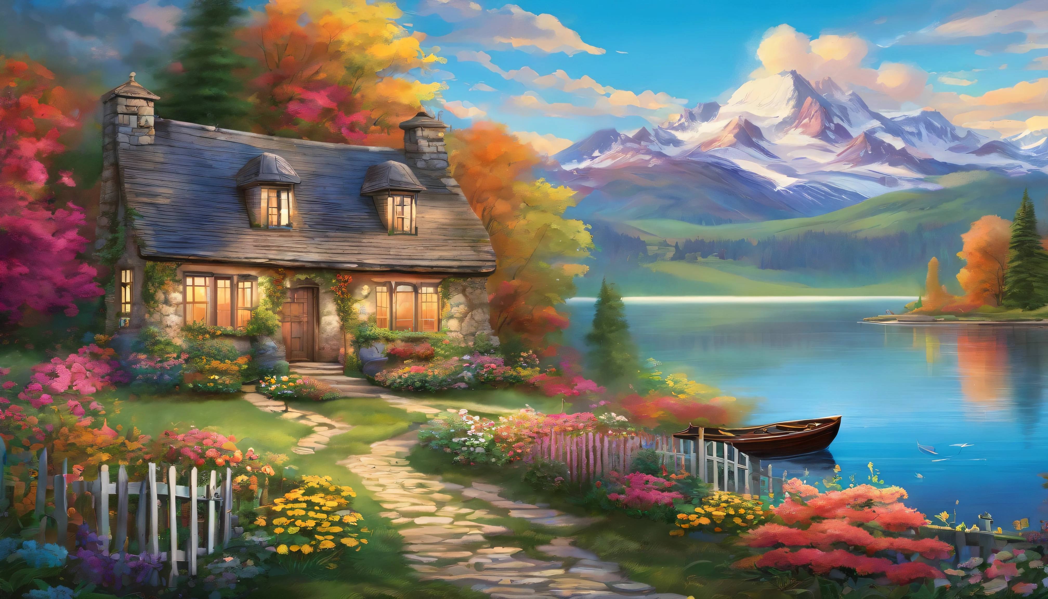 painting of a cottage, flowers beside of fence, fence along the road, mountain landscape with a lake and a boat, illustration matte painting, inspired by Thomas Kinkade, symmetric matte painting, detailed scenery , style raw, 8 k ultra detailed