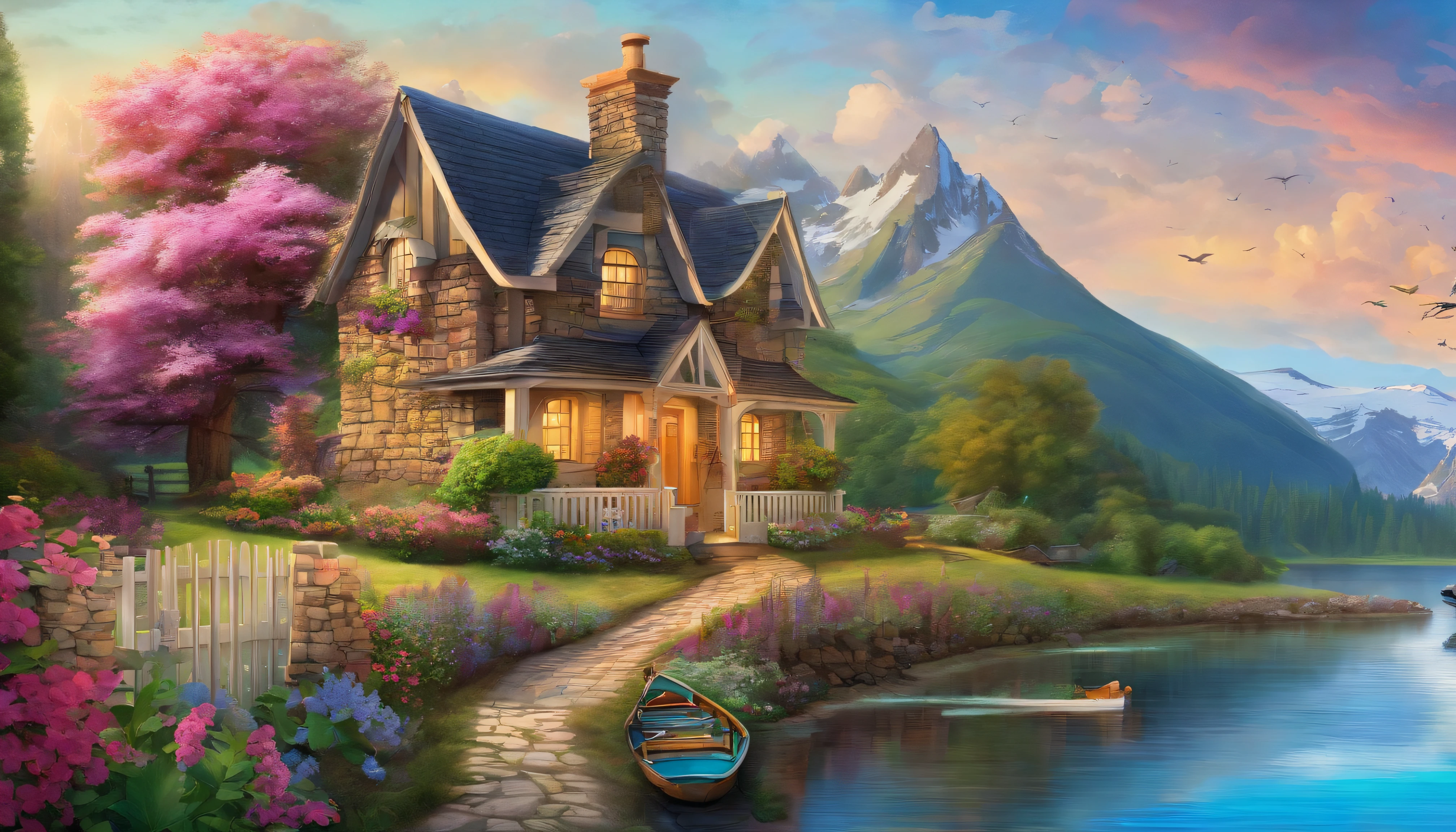 painting of a cottage, flowers beside of fence, fence along the road, mountain landscape with a lake and a boat, illustration matte painting, inspired by Thomas Kinkade, symmetric matte painting, detailed scenery , style raw, 8 k ultra detailed