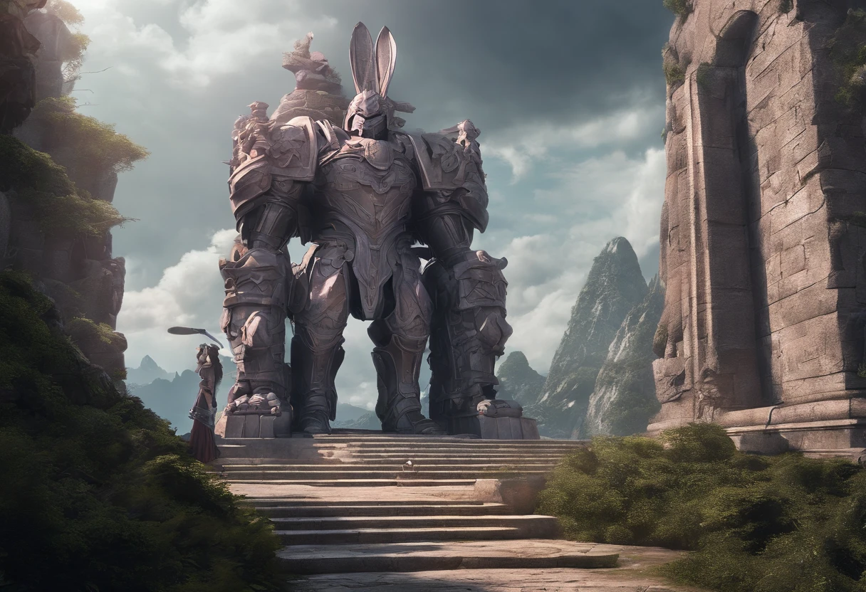 ((Huge legendary warrior stone statue on background:1.5)), ((Girl looking up at the statue:1.5)), ((Girl in pink armor with rabbit ears)), (Best Quality,hight resolution),Detailed,Realistic,mystery,adventure,thrilling action,Beautiful Landscapes, ((Surrounded by vast forests)), 科幻小说,mystic atmosphere,Impressive visual effects,charmed,Enchanted World, A twist that bends the heart,Maze walls covered with lush greenery,Vibrant colors,ominous shadows,Impressive scale and depth,Complex puzzles,Exhilarating chase scenes,Running for survival,Thrilling suspense,Dangerous roads and dead ends,Mysterious creatures lurking in the maze,Heroic determination,Change your perspective,Nerve-breaking tension,Game-changing secrets hidden in mazes,Dangerous traps and obstacles,Unforgettable climax,Cinematic Masterpiece.