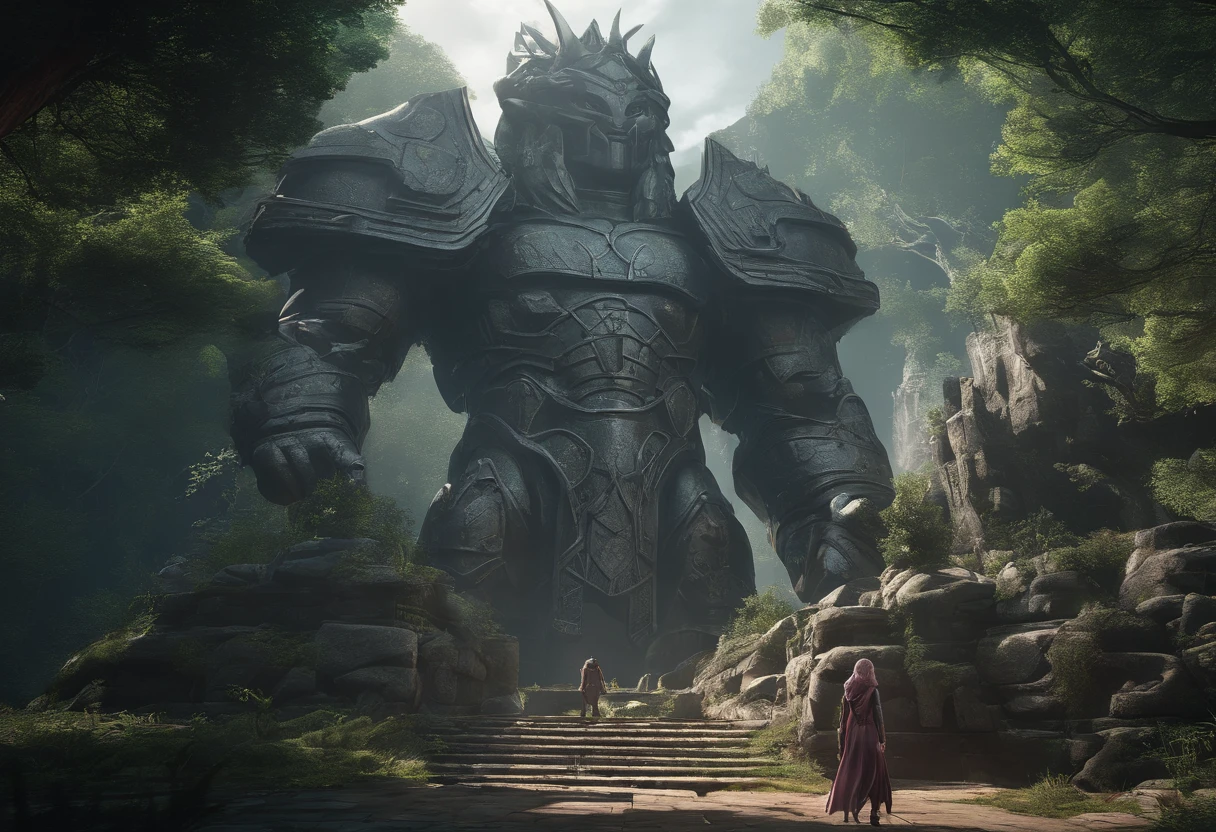 ((Huge legendary warrior stone statue on background:1.5)), ((Girl looking up at the statue:1.5)), ((Girl in pink armor with rabbit ears)), (Best Quality,hight resolution),Detailed,Realistic,mystery,adventure,thrilling action,Beautiful Landscapes, ((Surrounded by vast forests)), 科幻小说,mystic atmosphere,Impressive visual effects,charmed,Enchanted World, A twist that bends the heart,Maze walls covered with lush greenery,Vibrant colors,ominous shadows,Impressive scale and depth,Complex puzzles,Exhilarating chase scenes,Running for survival,Thrilling suspense,Dangerous roads and dead ends,Mysterious creatures lurking in the maze,Heroic determination,Change your perspective,Nerve-breaking tension,Game-changing secrets hidden in mazes,Dangerous traps and obstacles,Unforgettable climax,Cinematic Masterpiece.