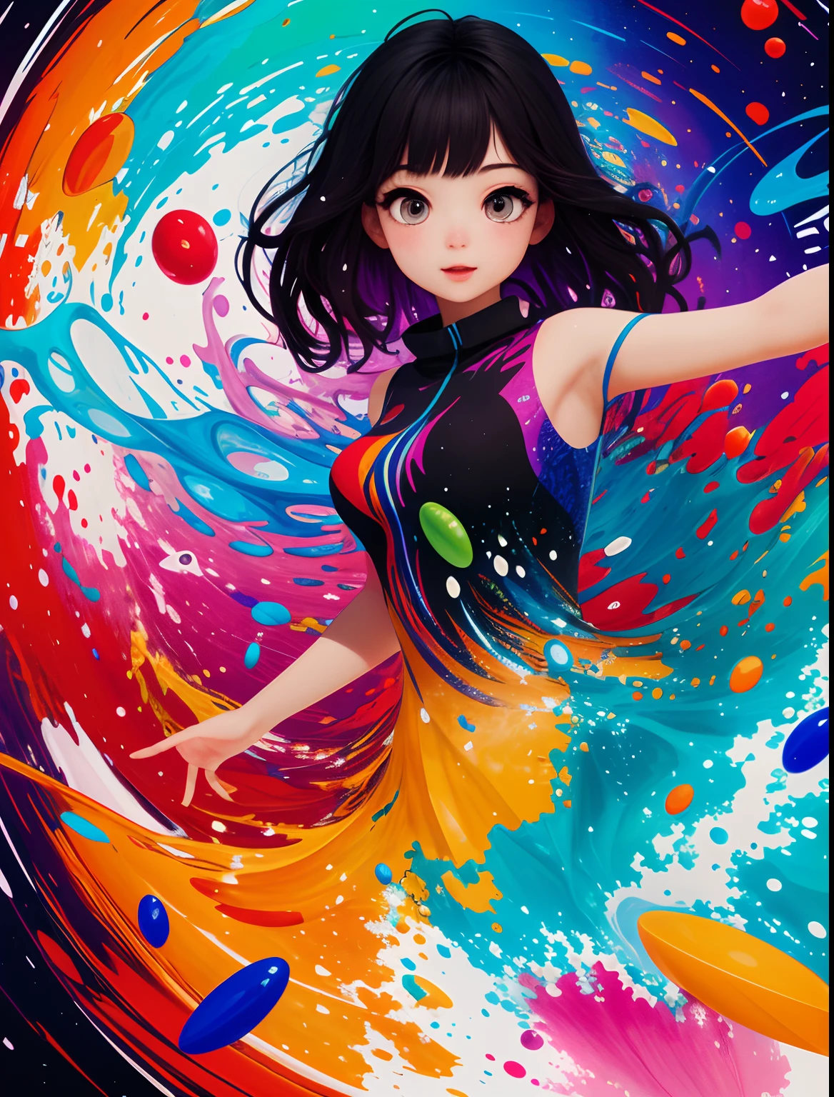 Masterpiece, Best Quality, 1Girl, upper half body, splashing, Abstract, Psychedelic, Sy3, BAPV