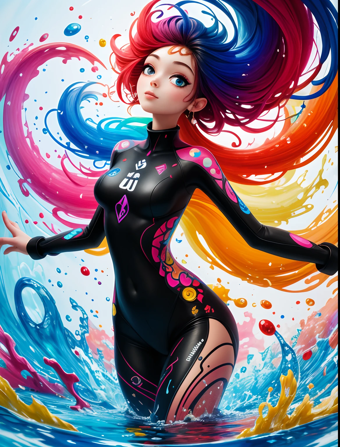 gorgeous woman covered in paint, vibrant colours, rainbow colours, full body, gorgeous face, short rainbow hair, paint splotches