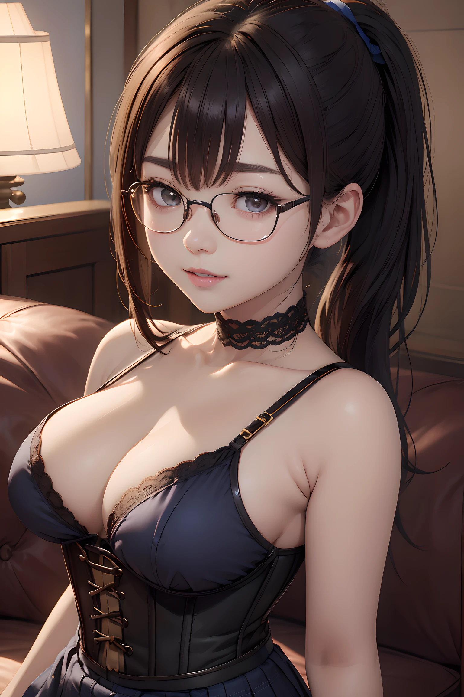high resolution, Photo of a beautiful woman detailed_face, young handsome girl, realistic:0.5, perfect skin, (ultra-detailed background, detailed background), bokeh, gorgeous, pure, beautyfull detailed face and eyes, , (dark-brown eyes :1.1), (a pretty extremely and beautiful Japanese woman), (sexy gi, (22 years old: 1.1), (arms down:1.3), (kneeling on couch:1.3), (gorgeous with gold embroidery) room with beautiful wallpaper:1.3), (plush red velvet couch in front of the wall:1.3), (upper body image:1.3), (nostalgic night scene:1.4), the vibrant glow of neon lights, (looking at viewer:1.2), (wearing a glasses:1.5), (oily skin:1.5), (glossy skin:1.5), (shiny skin:1.5),
BREAK,
(small-medium breasts:1.sagging breasts:1.5))), (ist:1.3), (slender:1.3), wearing a (gothic Overbust Corset:1.3), (light-purple luxury velvet Overbust Corset :1.3), (blue checkered pattern skirt:1.3), (balck lace choker:1.3), Insanely detailed outfit,
BREAK,
(cute:1.2), ((K-pop idol:1.3)), (upper thigh:0.6), soft light, Lens Glow, looking at viewer, straight teeth, smile, floating hair, brown eyes, (ponytail:1.5), (mahogany thin wavy hair :1.2), bangs, medium-length hair:1.3, dark brown eyes, beautiful eyes, princess eyes, (big eyes:1.3), (Drooping eyes:1.2), Hair between eyes, beautiful detailed skin, (detailed beautiful girl: 1.4), Parted lips, Red lips, full-make-up face, (shiny skin), ((Perfect Female Body)),Perfect Anatomy, Perfect Proportions, (most beautiful Korean actress face:1.3, extremely cute and beautiful Japanese actress face:1.3), (blush:1.1),
BREAK,
movie scene, cinematic, full colors, 4k, 8k, 16k, RAW photo, masterpiece, professionally color graded, professional photography, consider, soft clean focus, realistic lighting and shading, (an extremely delicate and beautiful art):1.3, elegant, active angle, dynamism pose, gray background, solo focus, (bust shot:1.2), cinematic light, incredible accuracy, lifelike textures, masterful technique, jaw-dropping pre