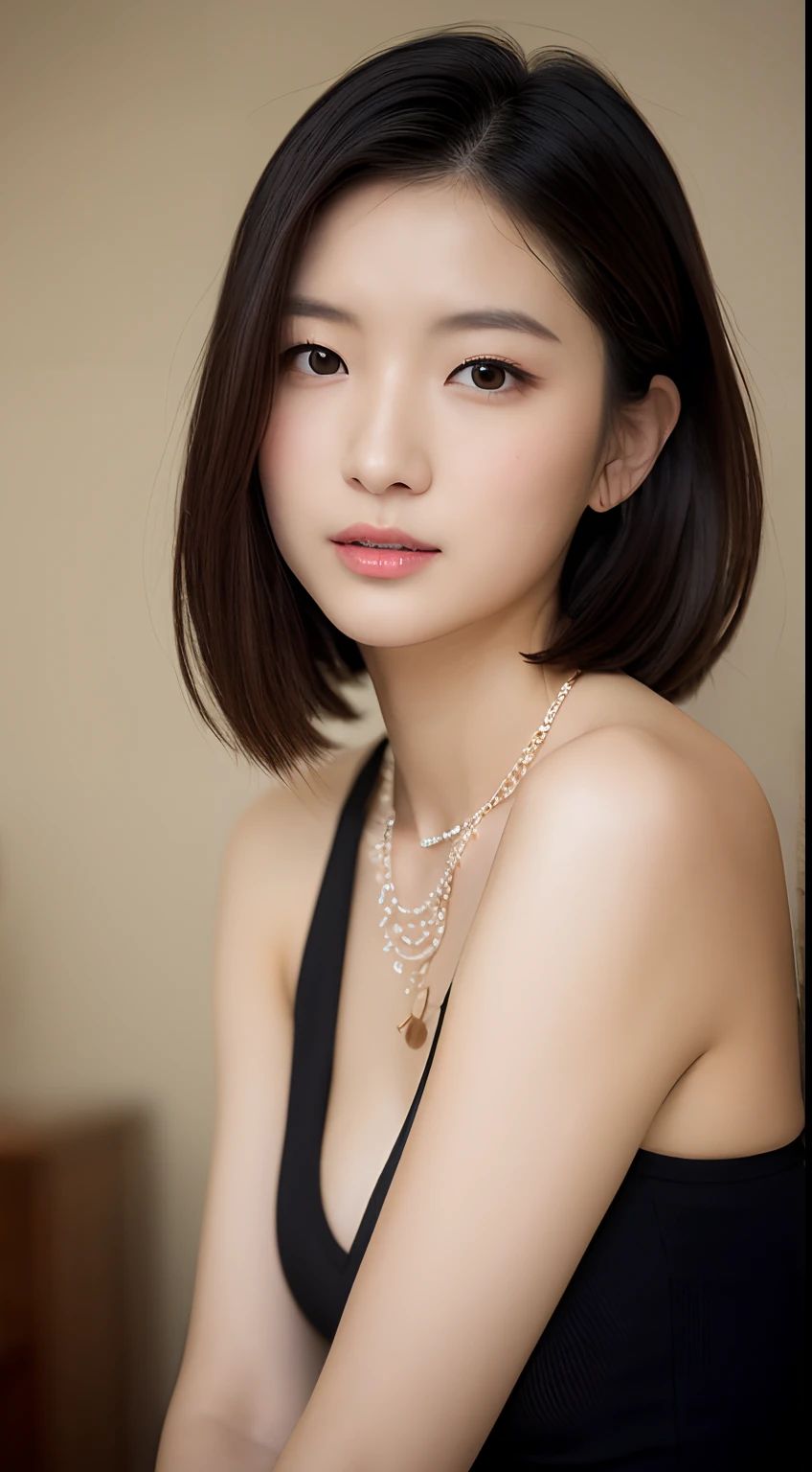 masutepiece, Top resolution, 8K, Raw photography, A hyper-realistic, Photorealsitic, photos realistic, Professional filming, profetional lighting, Lifelike face, Ultra-detailed face drawing, big eye, 二重まぶた, thin lipss, small mouth, short cut hair, 1 Japan Woman, 20 year old pretty woman, College girl with the cutest face, Full body fishnet stockings:1.9, Hotel Suites, fully body photo:1.9, Upright Pose, Sexy Gravure Pose, shot from a lower angle, High-cut panties, Cleavage emphasized:1.8, Nasty body, (((up hair, hair adornments, 耳Nipple Ring, a necklace, Hostess)))