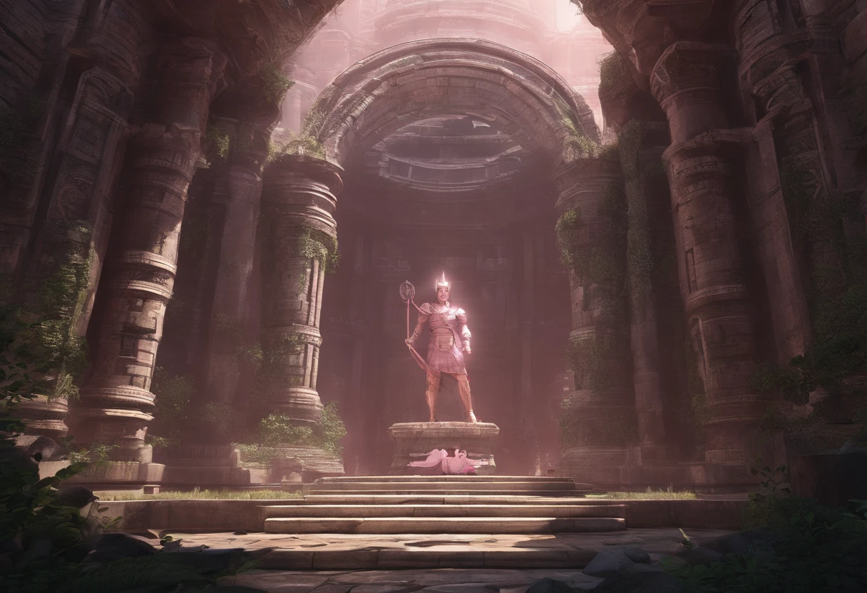 ((Stone statue of a huge legendary man warrior in the background::2)), ((Girl looking up at the statue:: rabbitears::1.5)), ((Girl in pink armor)), (Best Quality,hight resolution),Detailed,Realistic,mystery,adventure,thrilling action,Beautiful Landscapes, ((Surrounded by vast forests)), 科幻小说,mystic atmosphere,Impressive visual effects,charmed,Enchanted World, A twist that bends the heart,Maze walls covered with lush greenery,Vibrant colors,ominous shadows,Impressive scale and depth,Complex puzzles,Exhilarating chase scenes,Running for survival,Thrilling suspense,Dangerous roads and dead ends,Mysterious creatures lurking in the maze,Heroic determination,Change your perspective,Nerve-breaking tension,Game-changing secrets hidden in mazes,Dangerous traps and obstacles,Unforgettable climax,Cinematic Masterpiece.