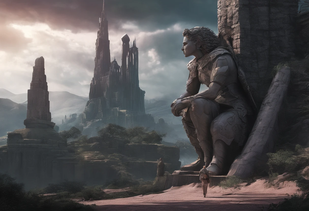 ((Stone statue of a huge legendary man warrior in the background::2)), ((Girl looking up at the statue:: rabbitears::1.5)), ((Girl in pink armor)), (Best Quality,hight resolution),Detailed,Realistic,mystery,adventure,thrilling action,Beautiful Landscapes, ((Surrounded by vast forests)), 科幻小说,mystic atmosphere,Impressive visual effects,charmed,Enchanted World, A twist that bends the heart,Maze walls covered with lush greenery,Vibrant colors,ominous shadows,Impressive scale and depth,Complex puzzles,Exhilarating chase scenes,Running for survival,Thrilling suspense,Dangerous roads and dead ends,Mysterious creatures lurking in the maze,Heroic determination,Change your perspective,Nerve-breaking tension,Game-changing secrets hidden in mazes,Dangerous traps and obstacles,Unforgettable climax,Cinematic Masterpiece.