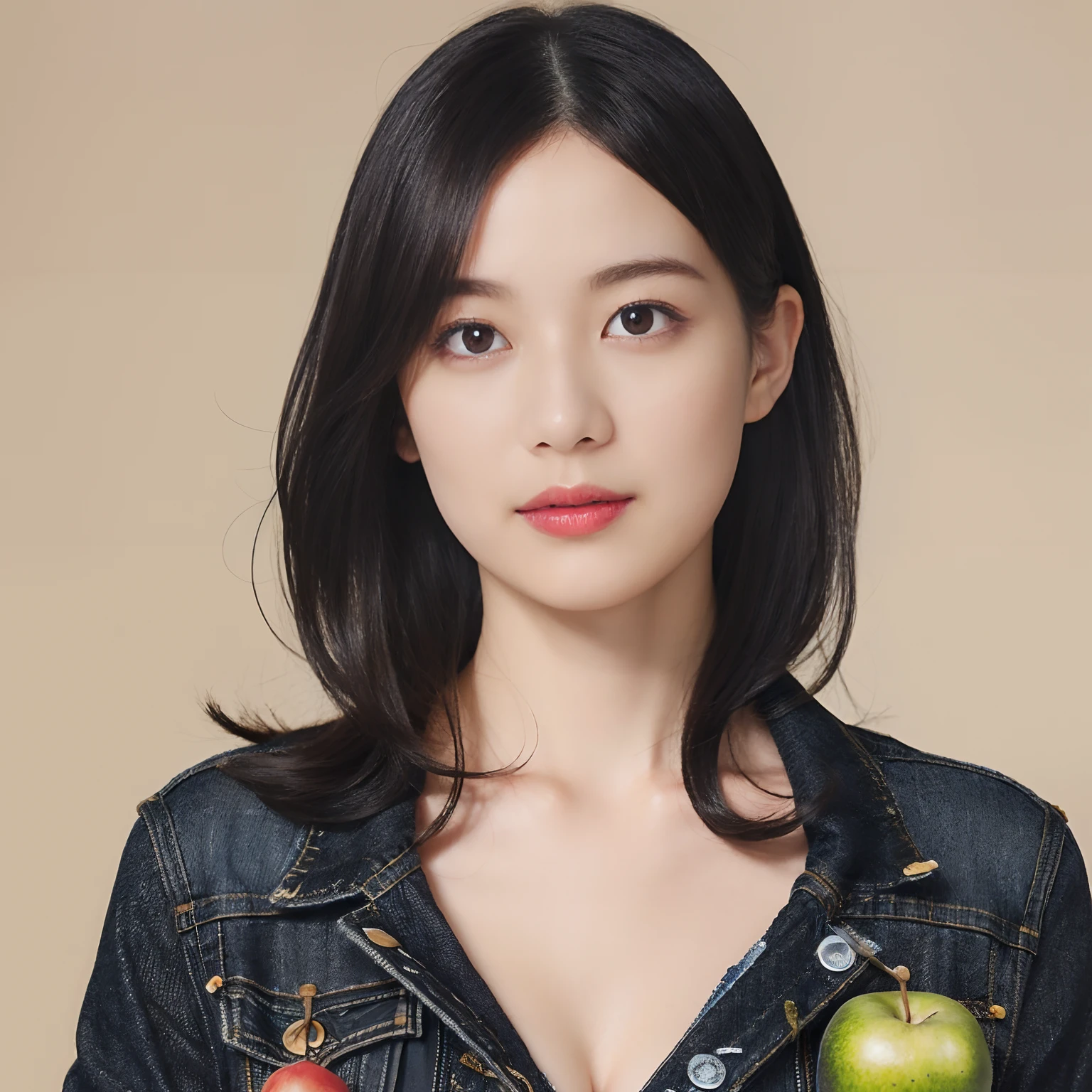 (Black Shorthair:1.2),  (a 20 yo woman), (A hyper-realistic), (Masterpiece), (8KUHD), Looking at the camera, jeans, (Clothes with fruit pattern), large full breasts, (Fruit in the hair)