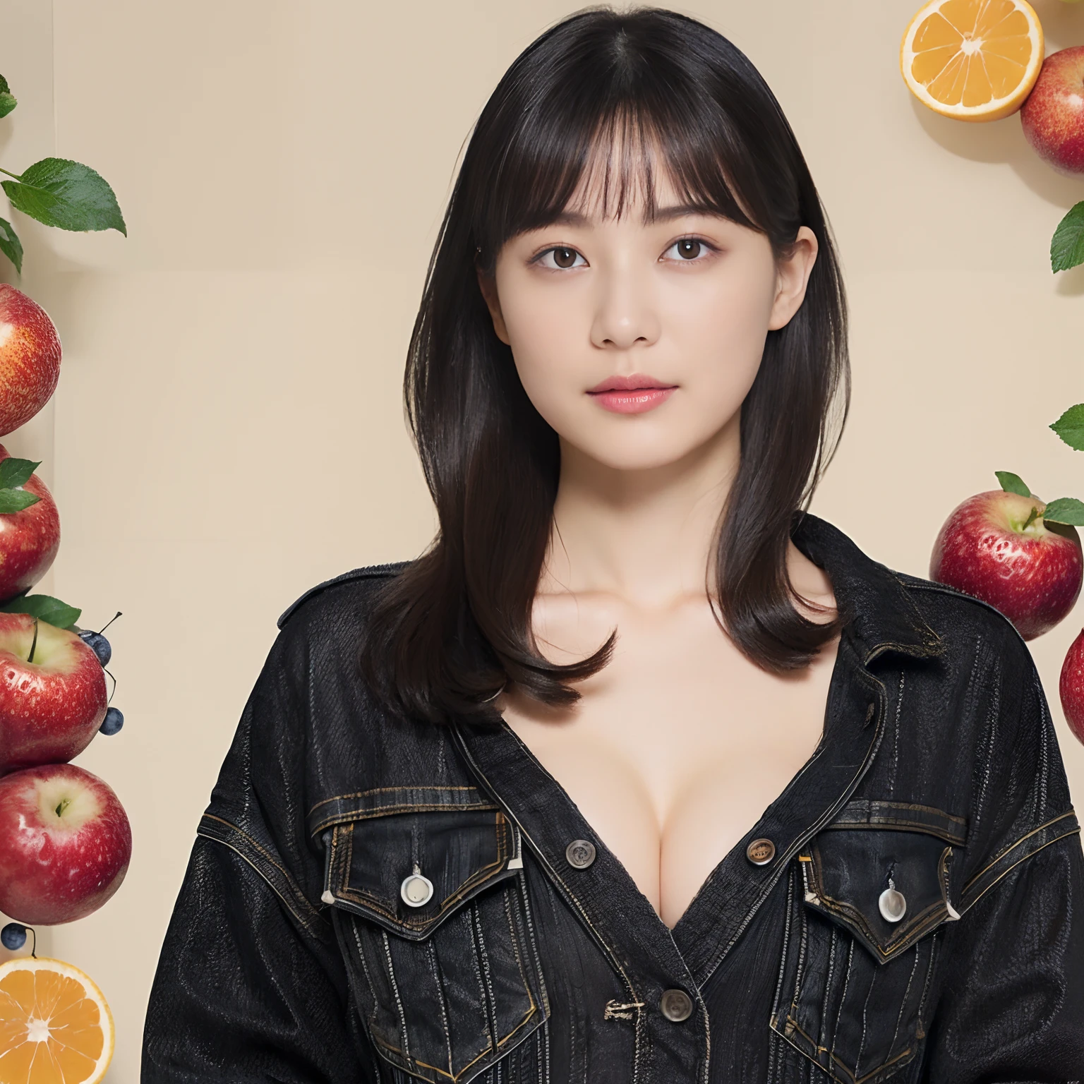 (Black Shorthair:1.2),  (a 20 yo woman), (A hyper-realistic), (Masterpiece), (8KUHD), Looking at the camera, jeans, (Clothes with fruit pattern), large full breasts, (Fruit in the hair)