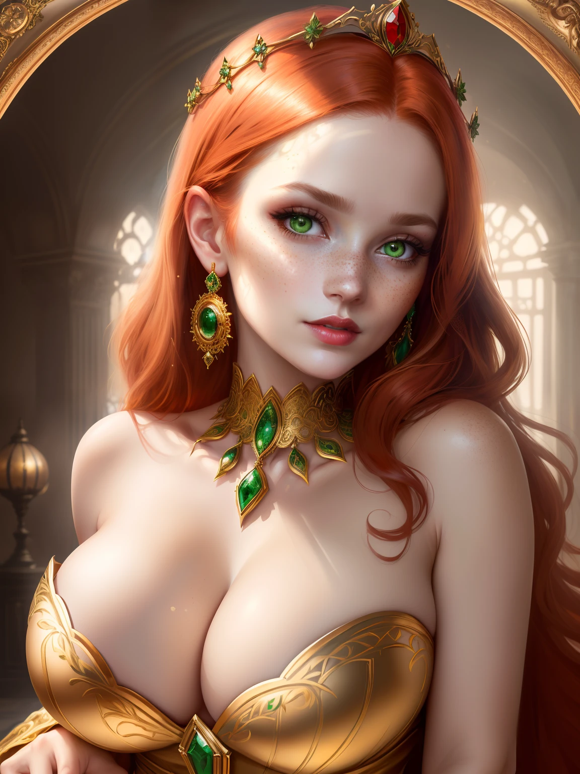 ((old painting portrait face and breast close up)) ((round ornamented frame)) woman beautiful face, big glowing green eyes, bright red lipstick, dark eyeshadows make up, (prideful look) long straight redhead hair, (freckles pale skin), gold tiara, gold neck ornament, (huge breast), slim figure, (strapless dress) (large cleavage), hand playing with hair, (masterpiece, intrincated details, reflex, photo realistic, amazing lights and shadows) (8k) perfect eye, perfect face, inside dark room background