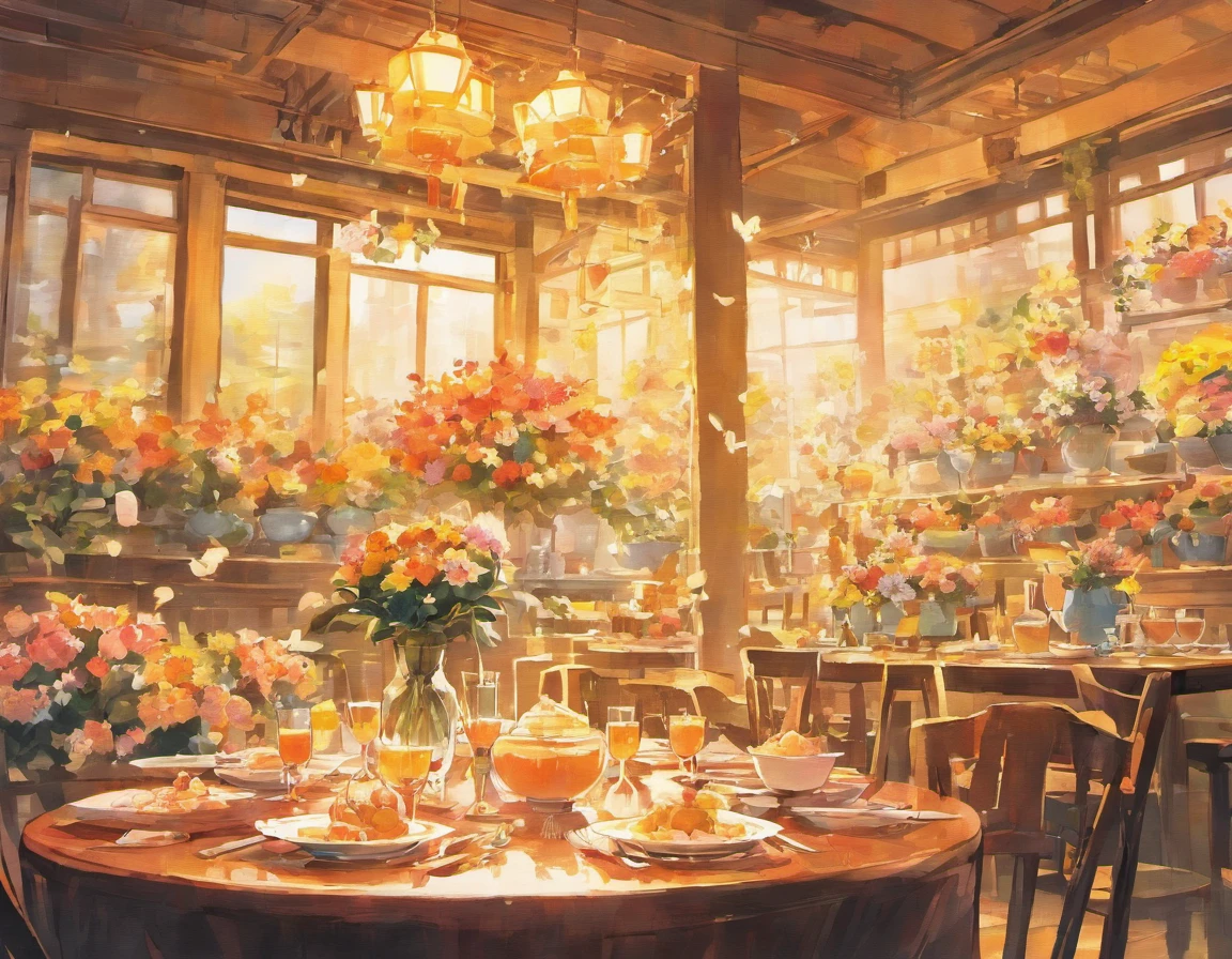 Illustration of breakfast table with flowers painted in watercolor