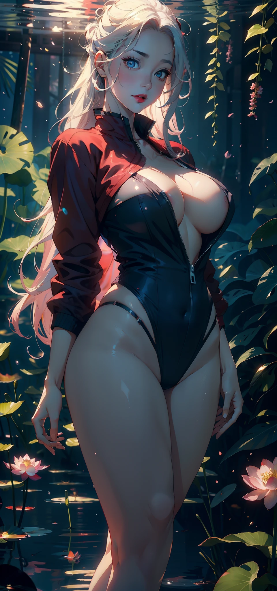 1female,35yo,plumw,extremely large bosom, 独奏,(Background with:ponds,Cherry blossom forest,lotus flower)Lie underwater, She has long pink hair,standing on your feet,seen from the front,, mostly cloudy sky,(((tmasterpiece),(Very detailed CG unity 8K wallpaper),best qualtiy,cinmatic lighting,detailed back ground,beatiful detailed eyes,Bright pupils,Black eyes,Snow-whiteskin,Redlip(Very fine and beautiful),(Beautiful and detailed eye description),ultra - detailed,tmasterpiece,))facing at camera,A high resolution,ultra - detailed),revealing breasts,Bare genitalia, Bulge,legs are open,Raised sexy,Camel toes,Flushed complexion,Desire for dissatisfaction,frontage,ssmile(Wearing:Red baseball jacket,Black jumpsuits)