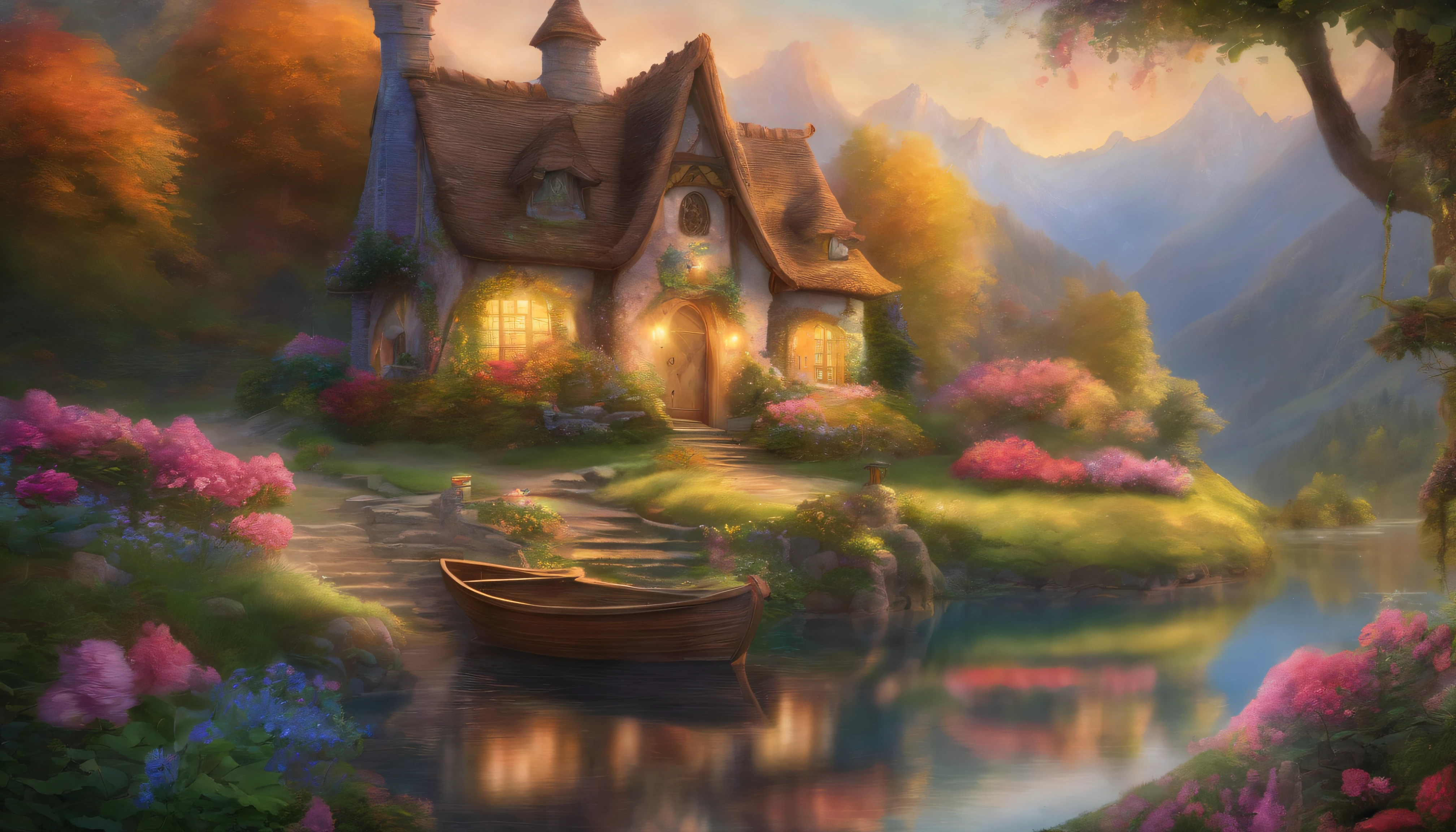 painting of a cottage, flowers beside of fence, fence along the road,  mountain landscape with a lake and a boat, illustration matte painting,  inspired by Thomas Kinkade, symmetric matte painting, detailed scenery , style raw, 8 k ultra detailed