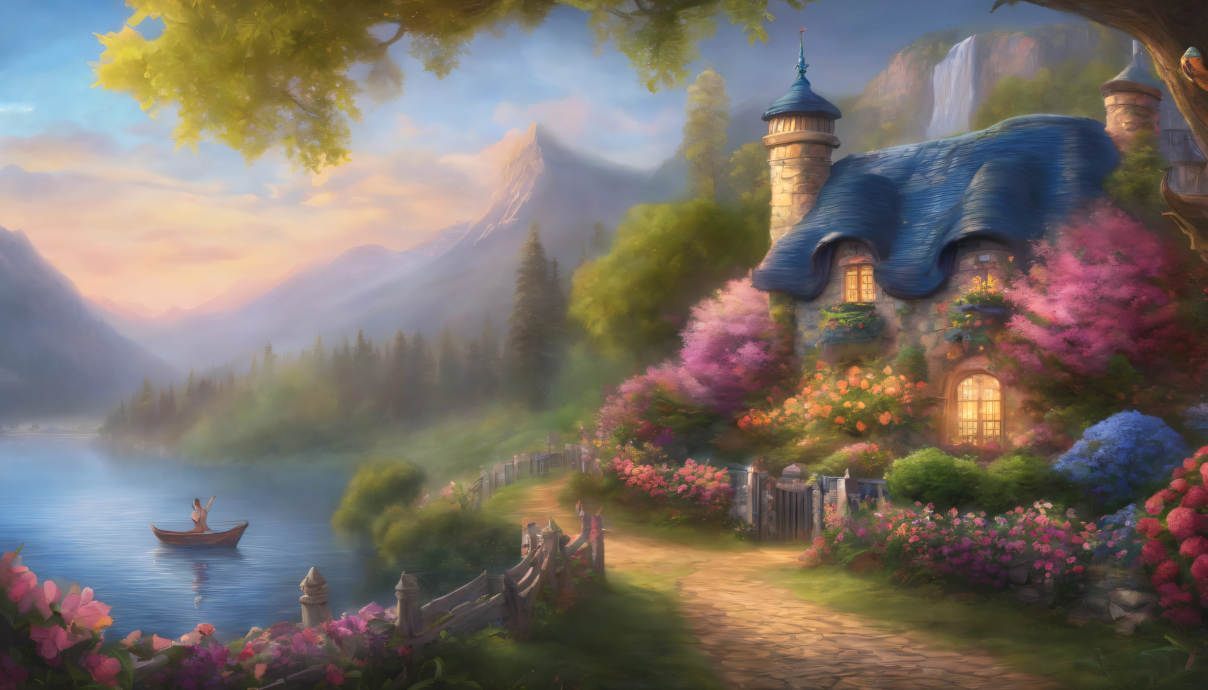 painting of a cottage, flowers beside of fence, fence along the road, mountain landscape with a lake and a boat, illustration matte painting, inspired by Thomas Kinkade, symmetric matte painting, detailed scenery , style raw, 8 k ultra detailed