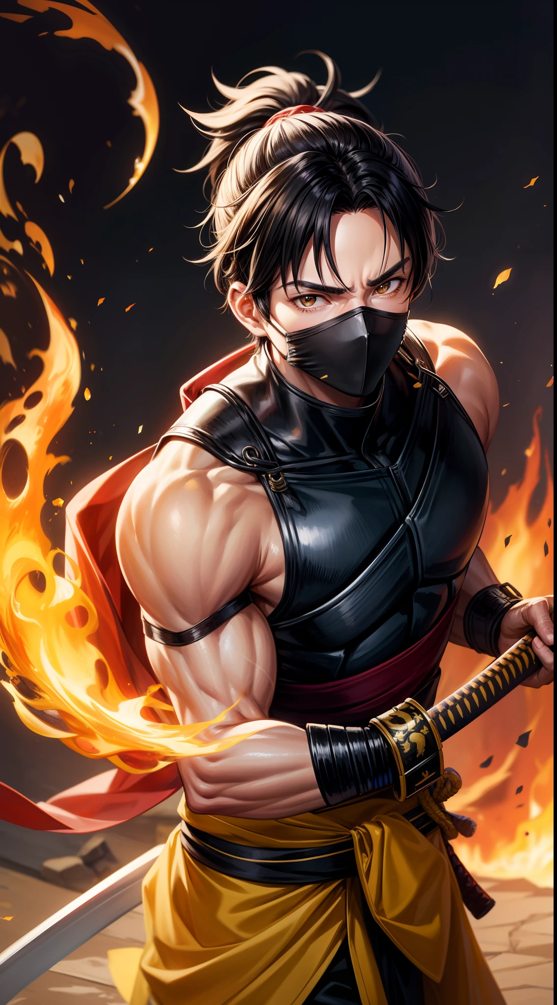 Super detailed, ultra hd, 8k, best quality, masterpiece, man, muscle abs, skinny body, black hair, comma hair, red eyes, perfect face, red scarf covered mouth, ninja cloth, holding big shuriken, shinobi war, bloodlust, intense situation, dark sky, realistic light