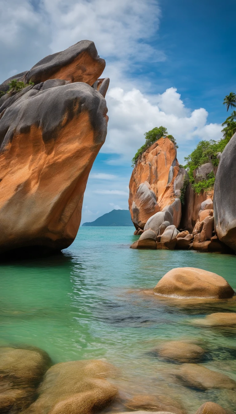 Grandfather and Grandmother Rocks (Hin Ta Hin Yai) on Koh Samui island, Thailand. Orange stones in water, blue cloudy sky. Incredible seascape scene, mountain landscape. Travel, tourism, holiday