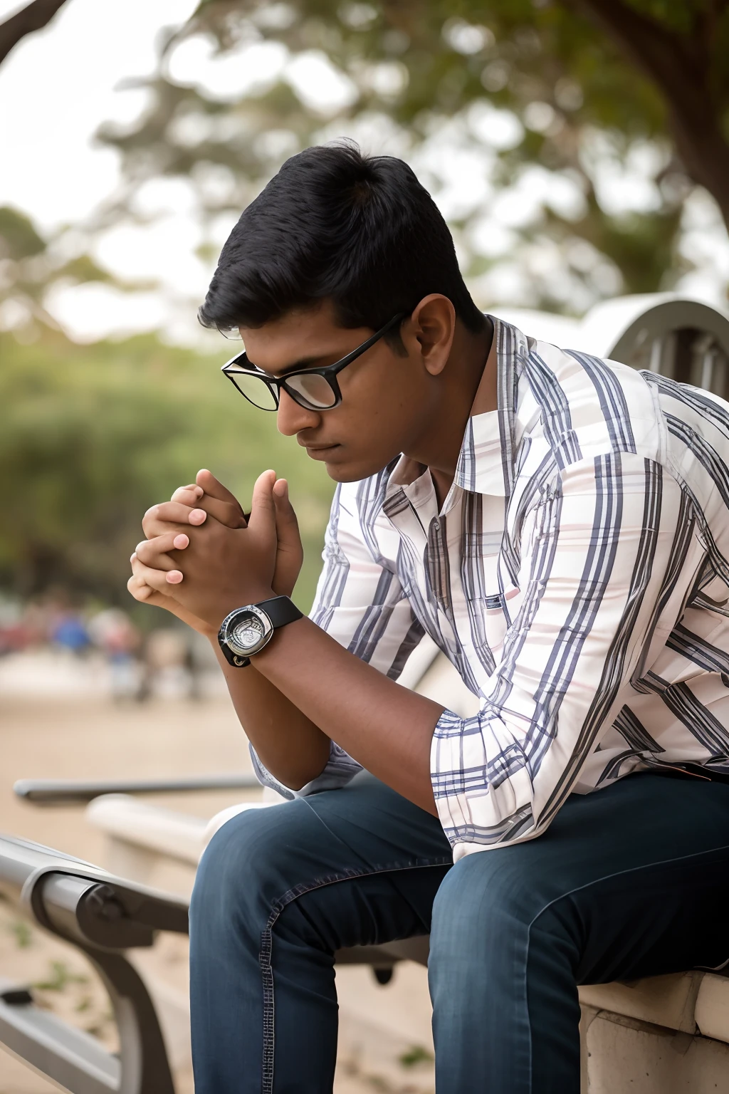 araffe man sitting on a bench with his hands clasped, praying, deep in thought, jayison devadas, taken with sony alpha 9, age boy, candid picture, taken with canon 8 0 d, with a cool pose, shot on sony a 7, taken with canon eos 5 d mark iv, taken with sony a7r camera