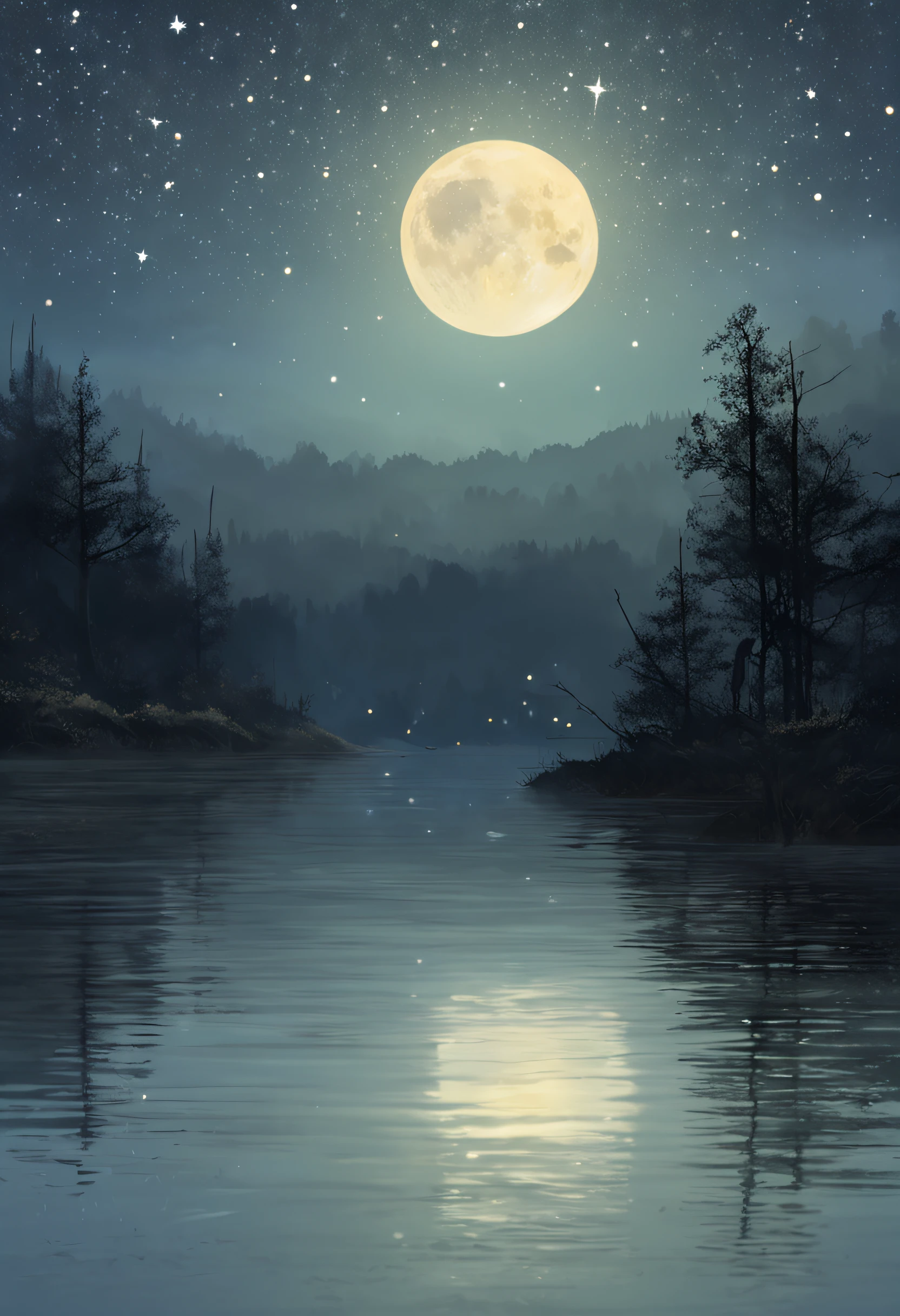 "A peaceful and peaceful night, Bask in a silvery glow. A harmonious scene of the moon delicately reflected on calm water. Twinkling stars dot the dark sky, creating a magical atmosphere. The surrounding nature is shrouded in a light and mysterious mist. Let your imagination come to life in this night painting full of calm and serenity."