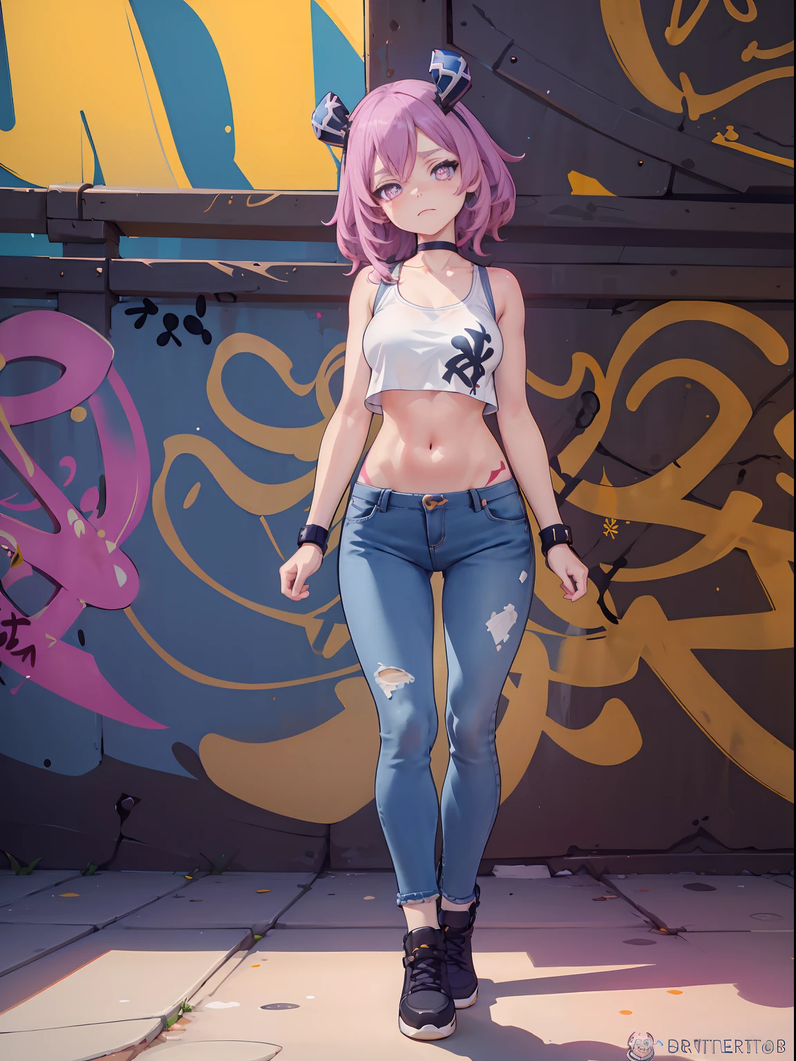 Melousine | genshin impact, master-piece, bestquality, 1girls,25 years old, proportional body, elongated legs, proportional., crop top, Long Jeans, mediuml breasts, ,bara, crop top, choker, (Graffiti:1.5), Splash with purple lightning pattern., arm behind back, against wall, View viewers from the front., Thigh strap, Head tilt, bored, 10, 10, HD,