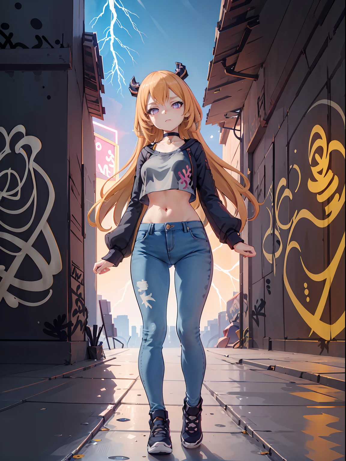 Melousine | genshin impact, master-piece, bestquality, 1girls,25 years old, proportional body, elongated legs, proportional., crop top, Long Jeans, mediuml breasts, ,bara, crop top, choker, (Graffiti:1.5), Splash with purple lightning pattern., arm behind back, against wall, View viewers from the front., Thigh strap, Head tilt, bored, 10, 10, HD,