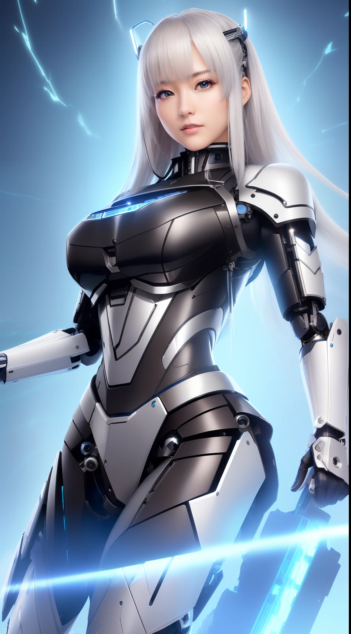 ((masutepiece)), ((top-quality), high quarity、ultra-definition, Realistic, (Ultra-fine face)、fulcolor 、scientific fiction、One beautiful robot police woman、Robot Police、(Mechanical joints)、Machine body、(Parts of the machine)、Thick wire joints、White porcelain mechanical armor、(Curvaceous face)、deadpan、straight haired、((Electronic substrate))、Connect to cable